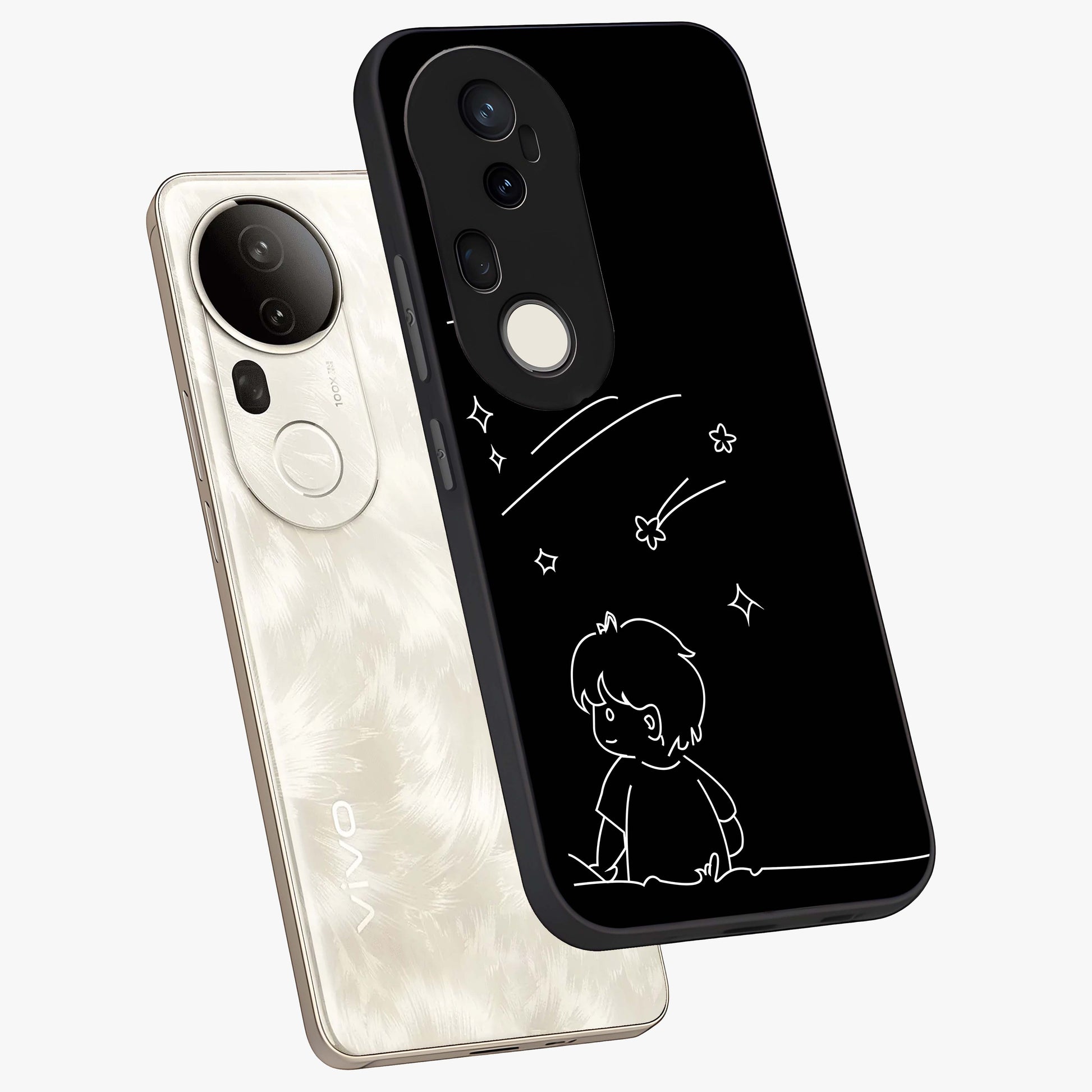 Line Art Boy With Shooting Stars Glass Case displayed in angled mockup highlighting elegant line art design with dreamy star aesthetic.