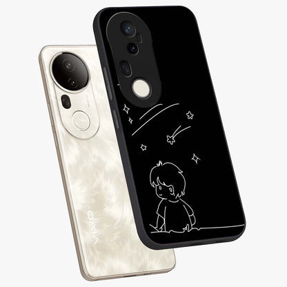 Line Art Boy With Shooting Stars Glass Case displayed in angled mockup highlighting elegant line art design with dreamy star aesthetic.