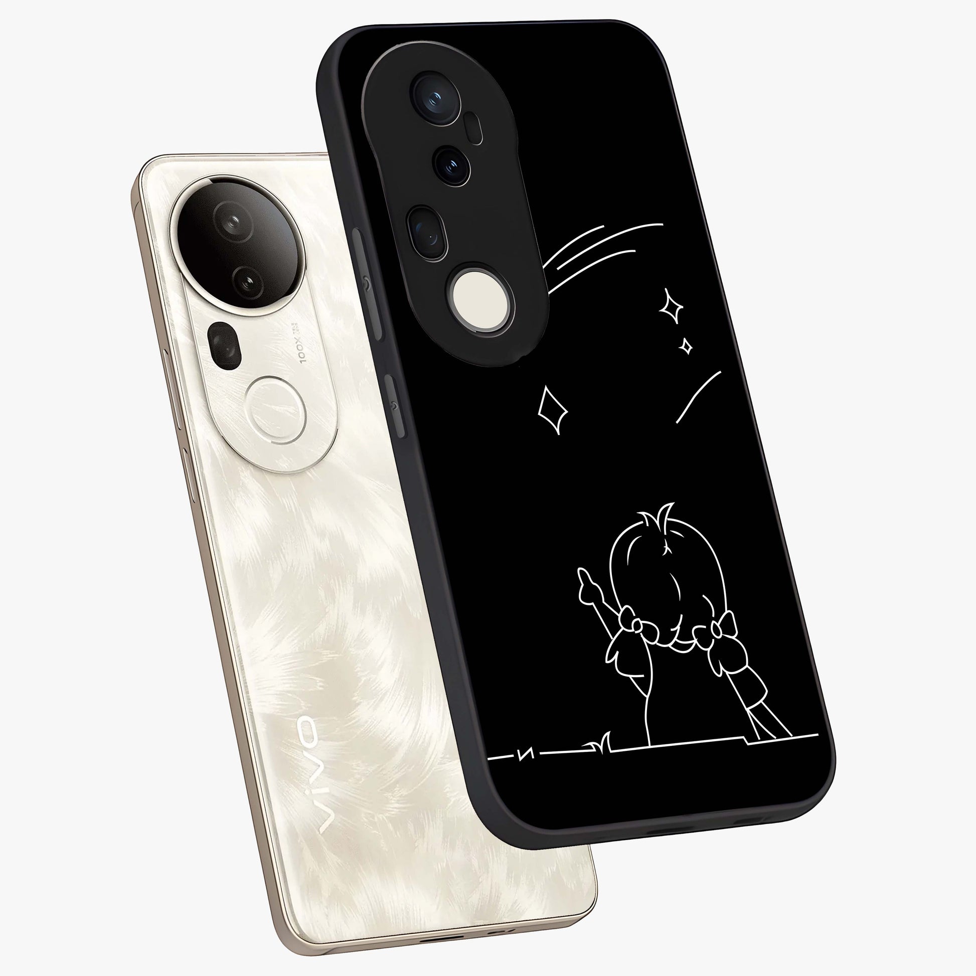 Line Art Girl With Shooting Stars Glass Case displayed in angled mockup highlighting elegant line art design with dreamy star aesthetic.