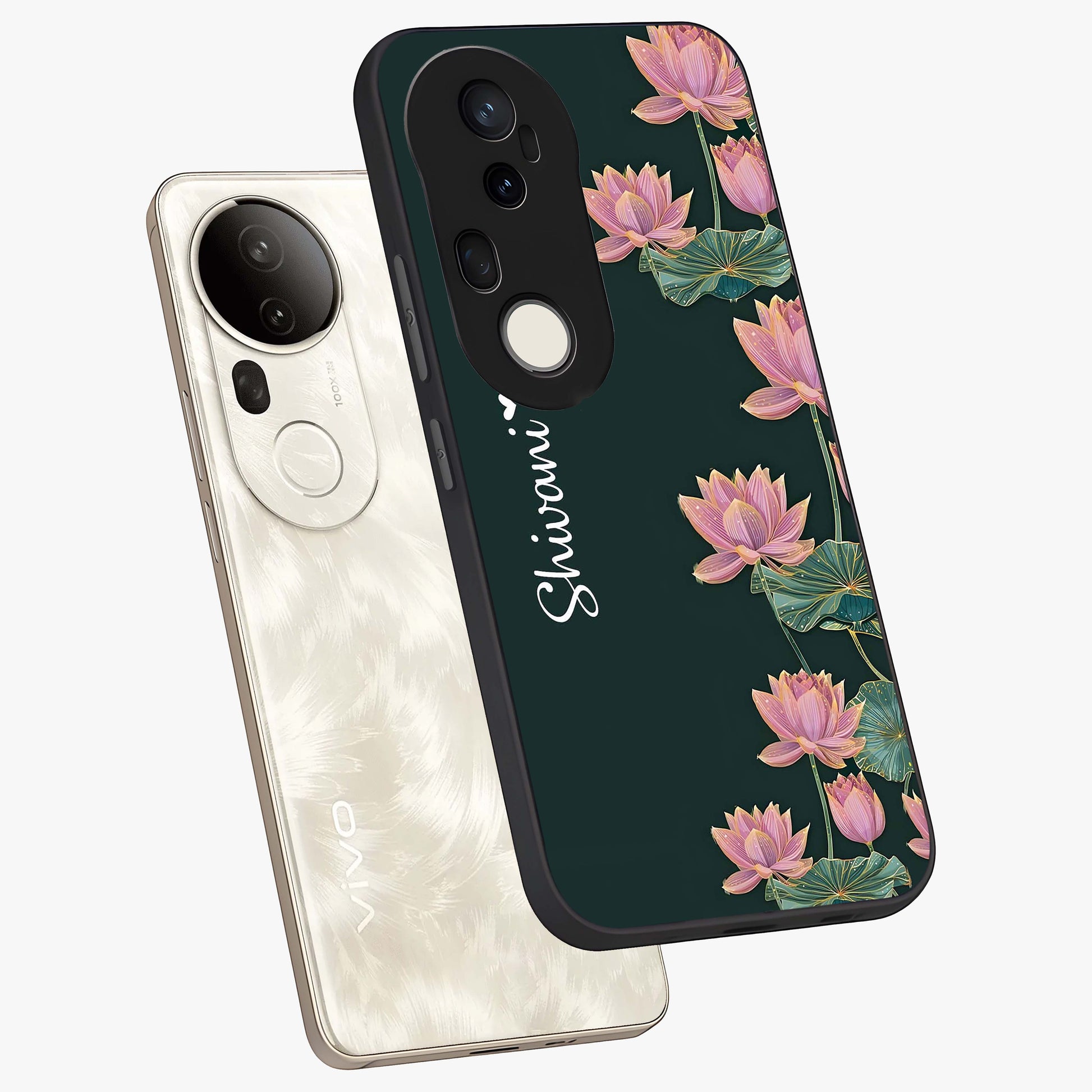 Lotus Bloom Serenity Custom Name Glass Case displayed in angled mockup highlighting graceful lotus illustration with custom name feature.