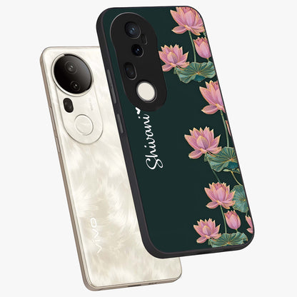 Lotus Bloom Serenity Custom Name Glass Case displayed in angled mockup highlighting graceful lotus illustration with custom name feature.