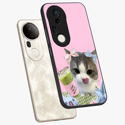Love Matcha Cat Glass Case displayed in angled mockup highlighting playful feline illustration with cozy matcha aesthetic.