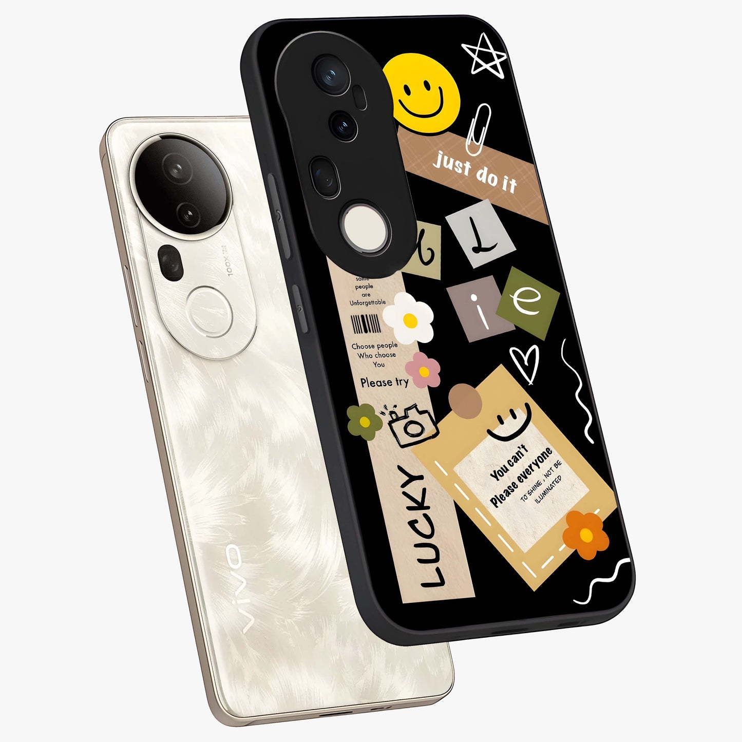 Lucky Aesthetic Collage Glass Case displayed in angled mockup highlighting stylish collage pattern with modern aesthetic vibe.