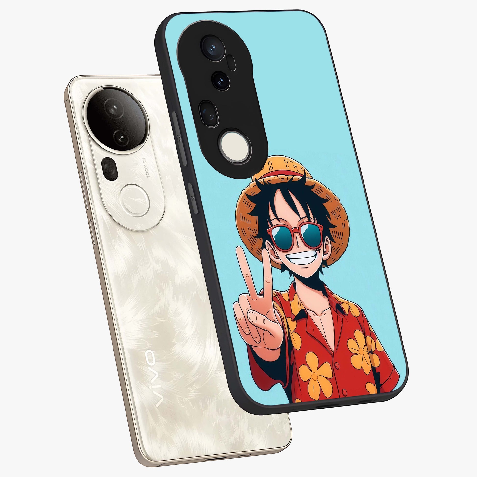 Luffy Summer Anime Vibe Glass Case displayed in angled mockup highlighting energetic anime illustration with summer vibe aesthetic.
