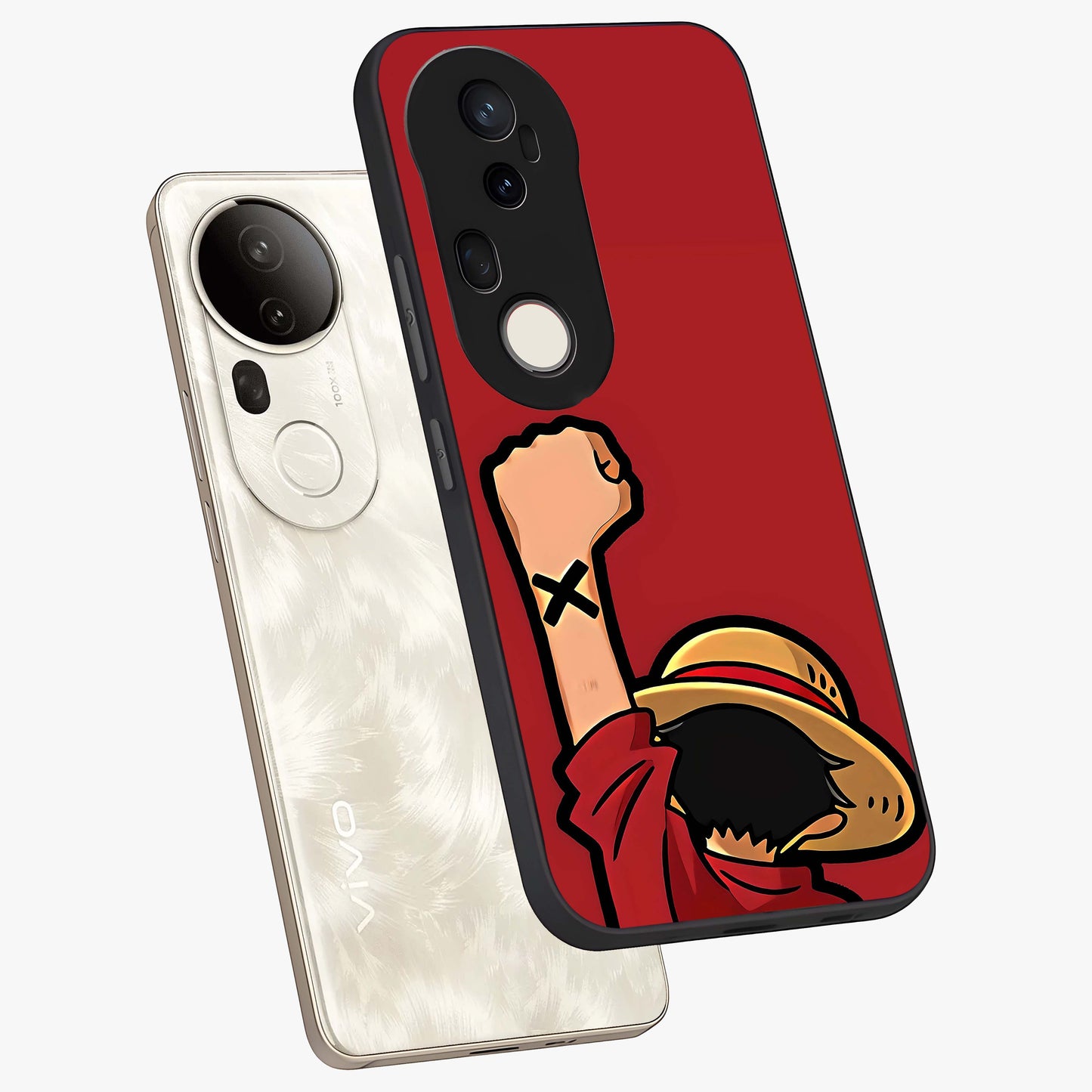 Luffy X Spirit Glass Case displayed in angled mockup highlighting powerful anime design with energetic action aesthetic.