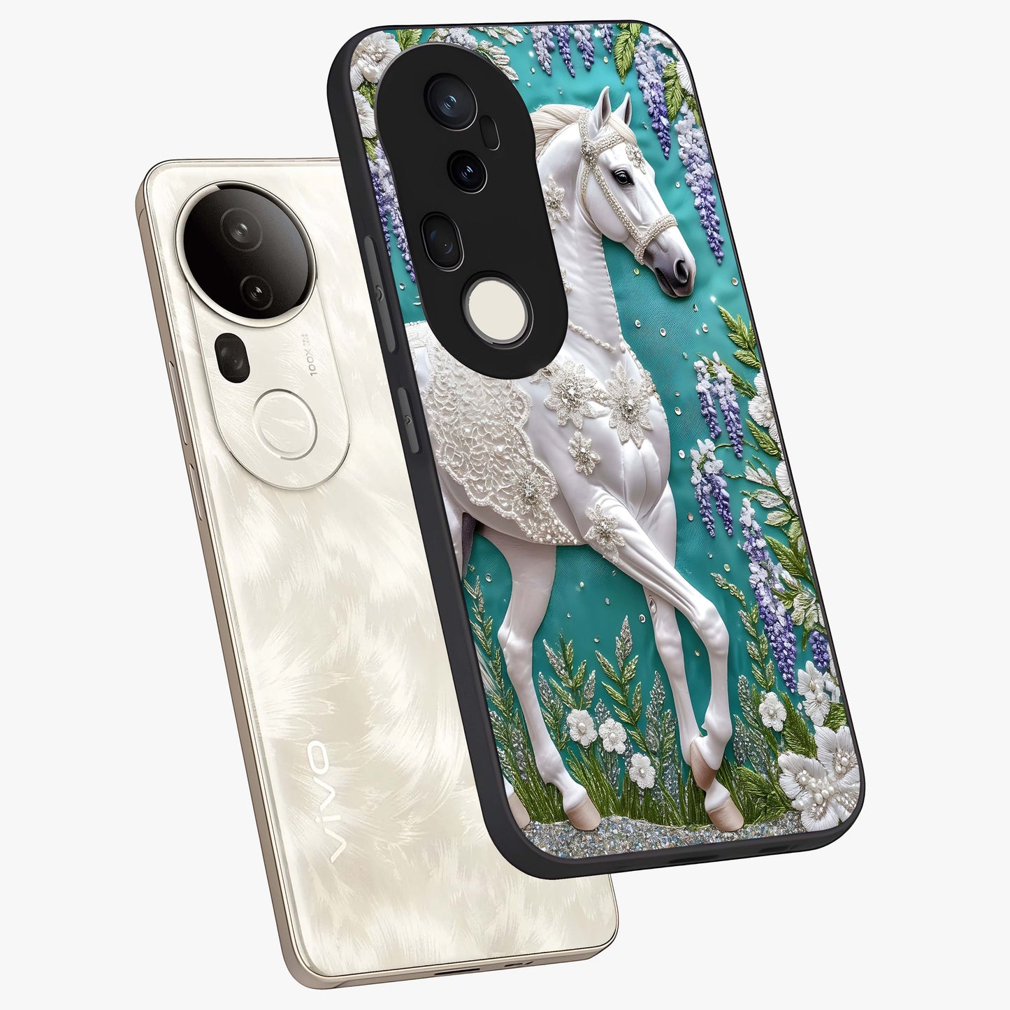 Majestic Floral Stallion Glass Case displayed in angled mockup highlighting majestic stallion illustration with elegant floral aesthetic.