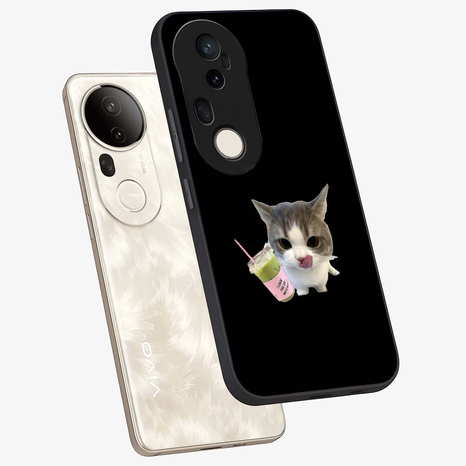 Matcha Cat Style Glass Case displayed in angled mockup highlighting playful feline design with pastel matcha aesthetic.
