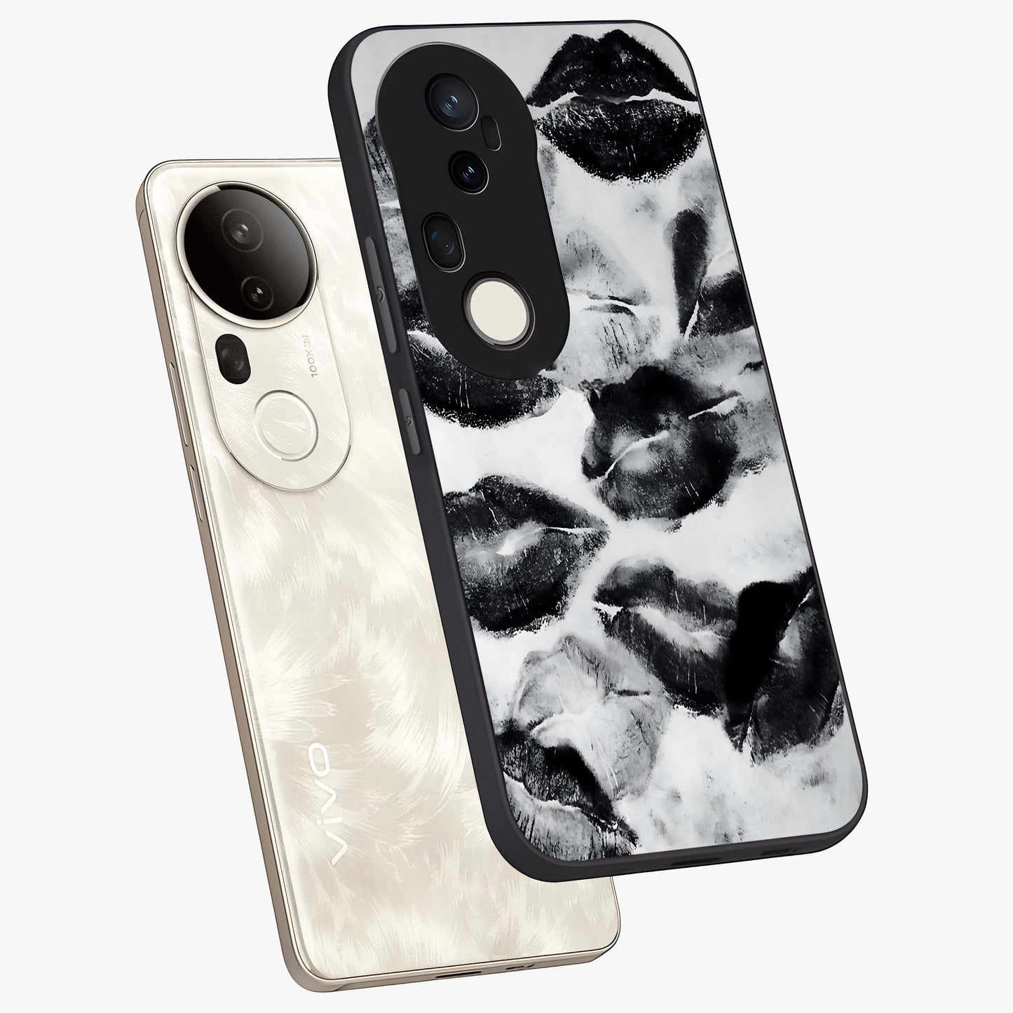 Midnight Kiss Marks Glass Case displayed in angled mockup highlighting playful romantic design with bold midnight aesthetic.