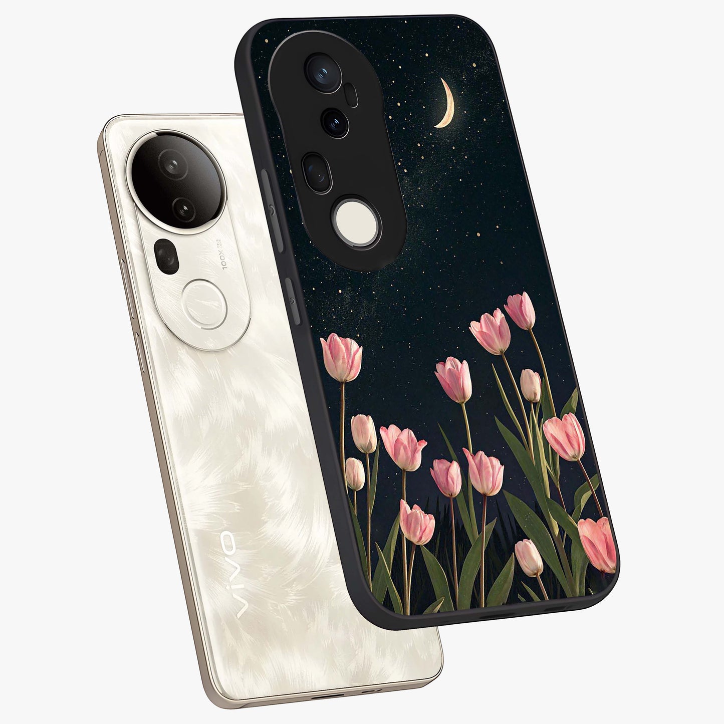 Midnight Tulip Whispers Vibe Glass Case displayed in angled mockup highlighting delicate tulip design with midnight floral aesthetic.