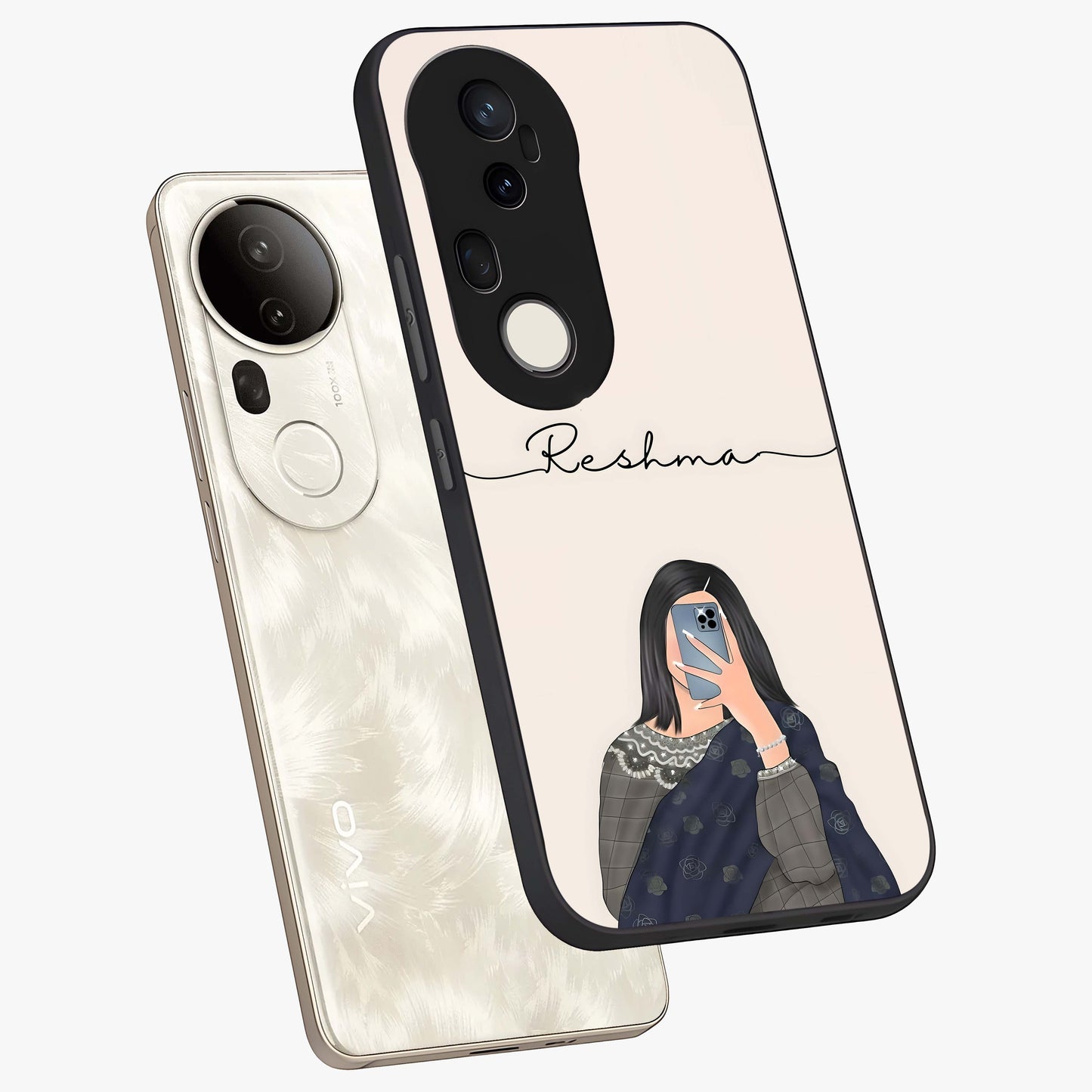 Mirror Mood Muse With Custom Name Glass Case displayed in angled mockup highlighting aesthetic mirror inspired design with custom name feature.