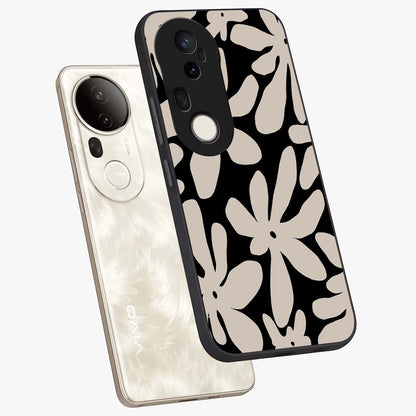 Monochrome Petal Dance Glass Case displayed in angled mockup highlighting elegant petal design with black and white aesthetic.