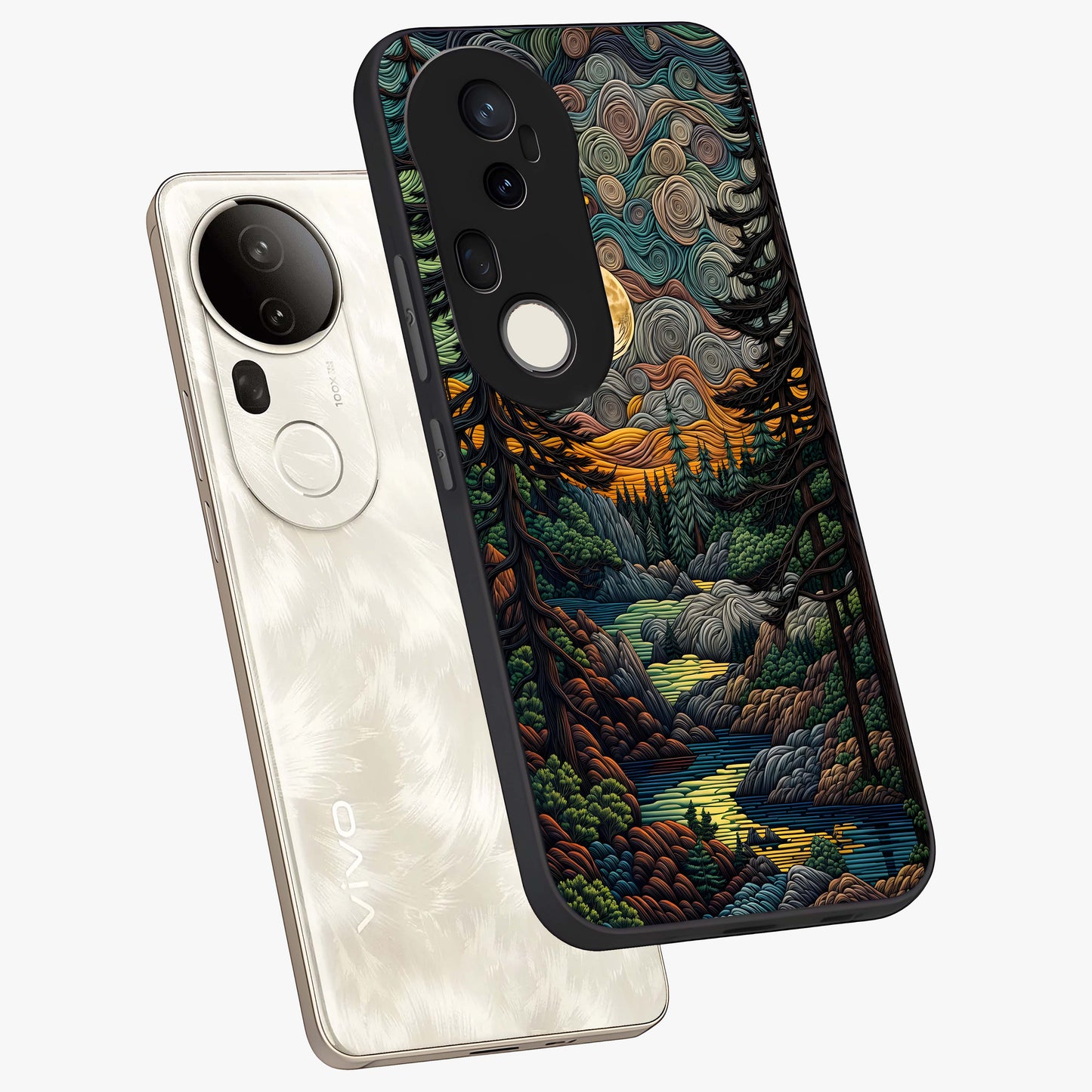 Moonlight Forest Dream Glass Case displayed in angled mockup highlighting dreamy forest design with glowing moon aesthetic.
