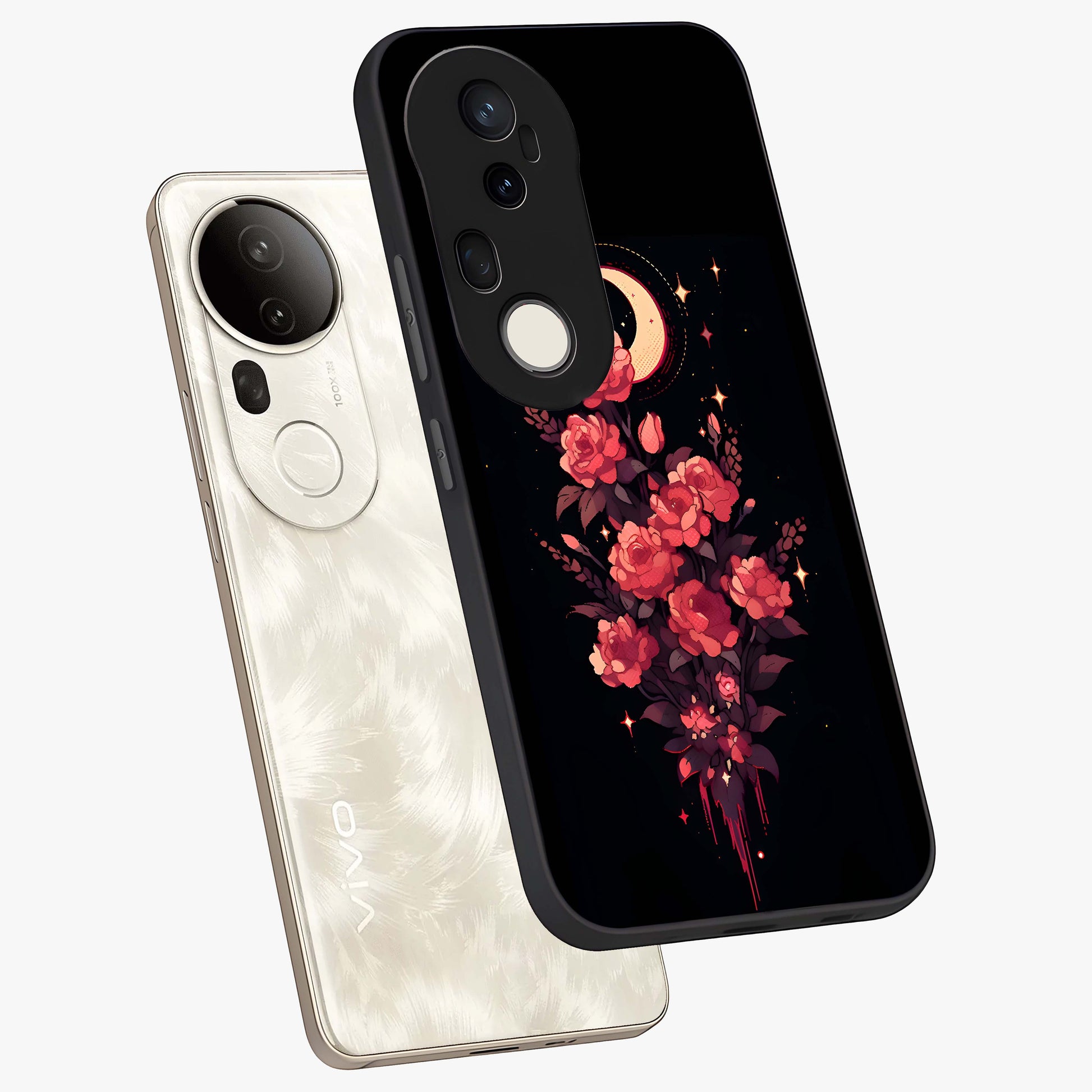 Moonlit Floral Elegance Glass Case displayed in angled mockup highlighting graceful flower design with soft moonlight aesthetic.