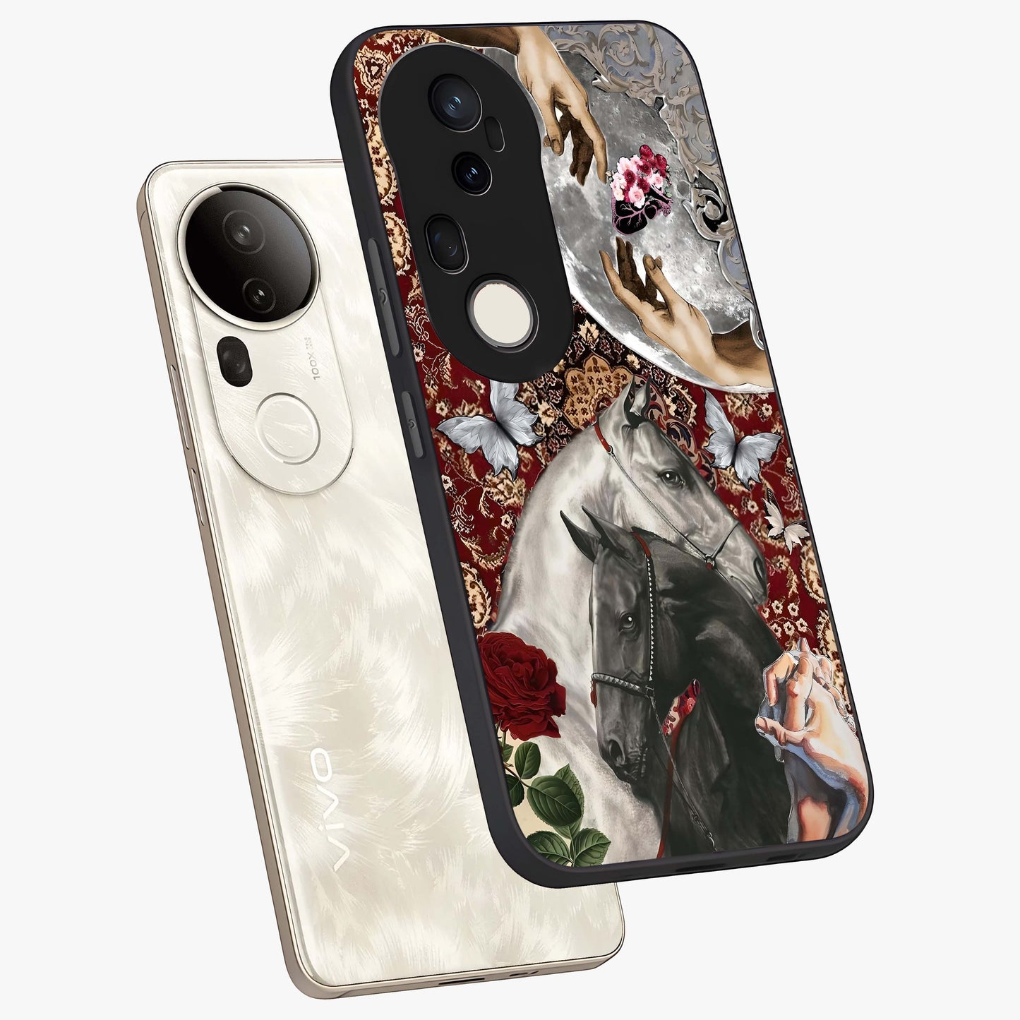 Moonlit Royal Stallion Glass Case displayed in angled mockup highlighting powerful stallion illustration with royal night aesthetic.