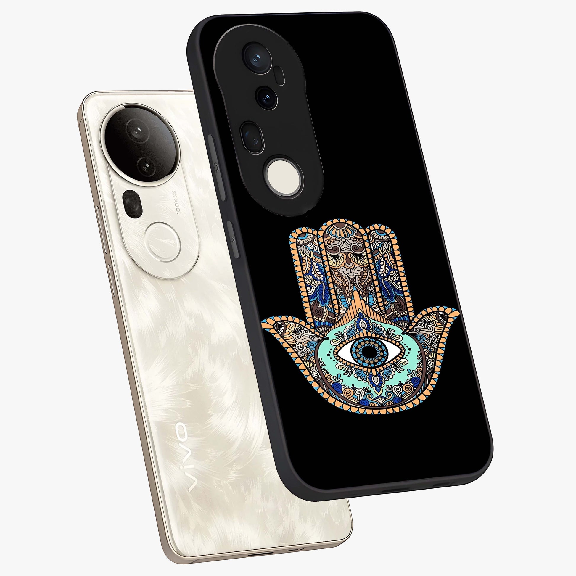 Mystic Hamsa Eye Glass Case displayed in angled mockup highlighting spiritual hamsa symbol with mystical aesthetic style.