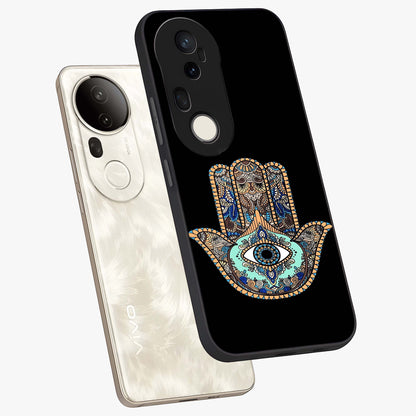 Mystic Hamsa Eye Glass Case displayed in angled mockup highlighting spiritual hamsa symbol with mystical aesthetic style.