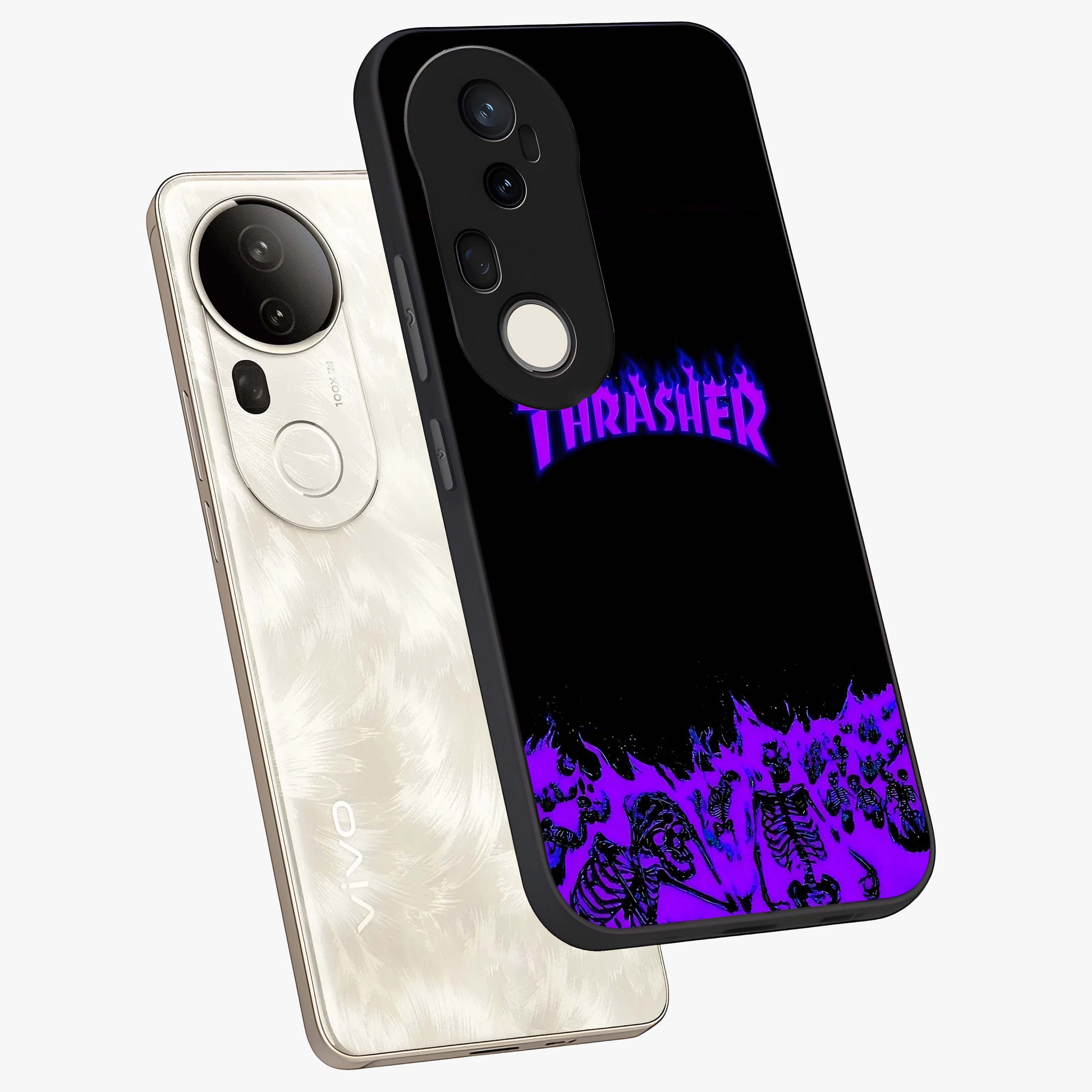 Neon Flame Riot Glass Case displayed in angled mockup highlighting glowing flame design with vibrant neon aesthetic.