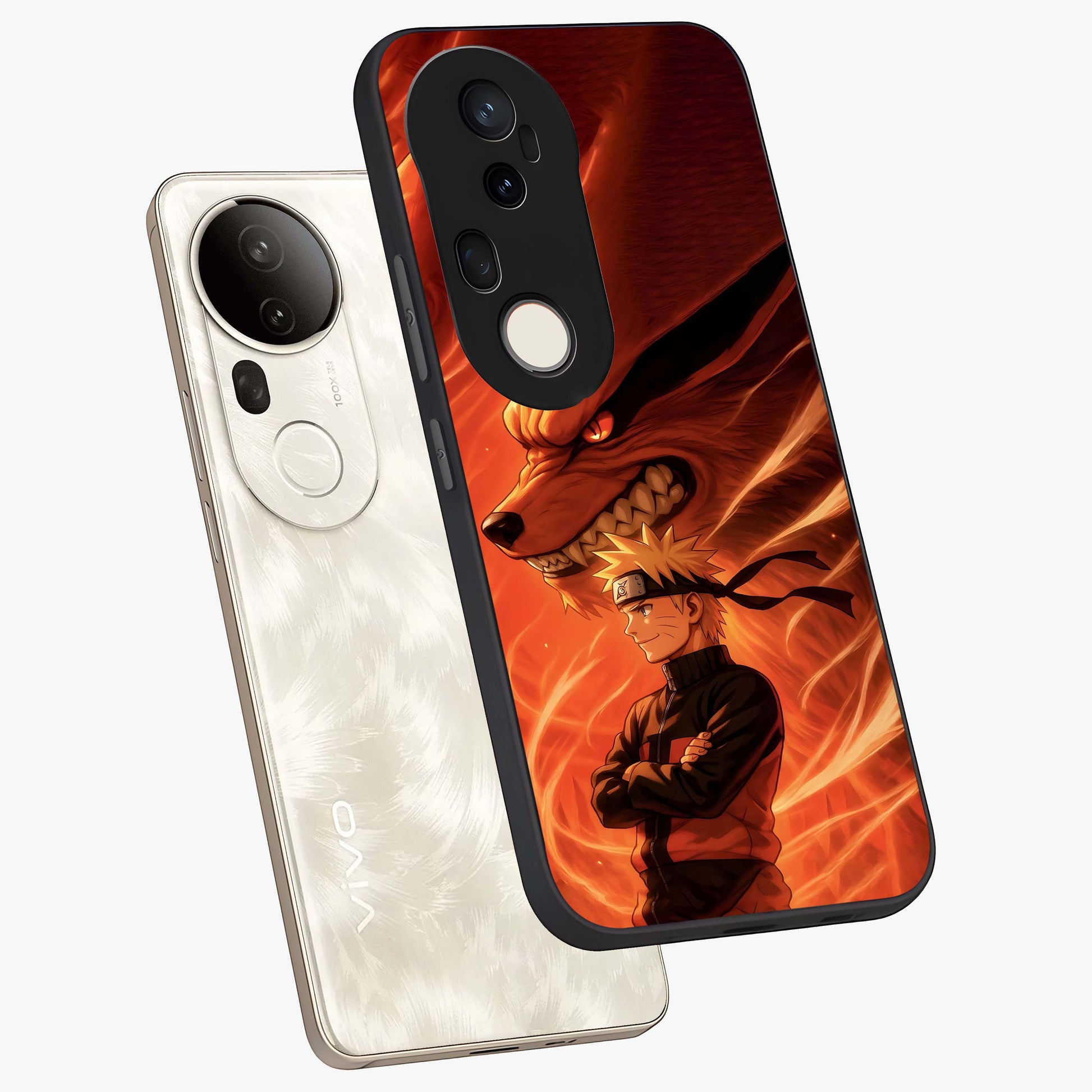 Nine Tails Legacy Glass Case displayed in angled mockup highlighting dynamic anime beast illustration with bold mystical aesthetic.