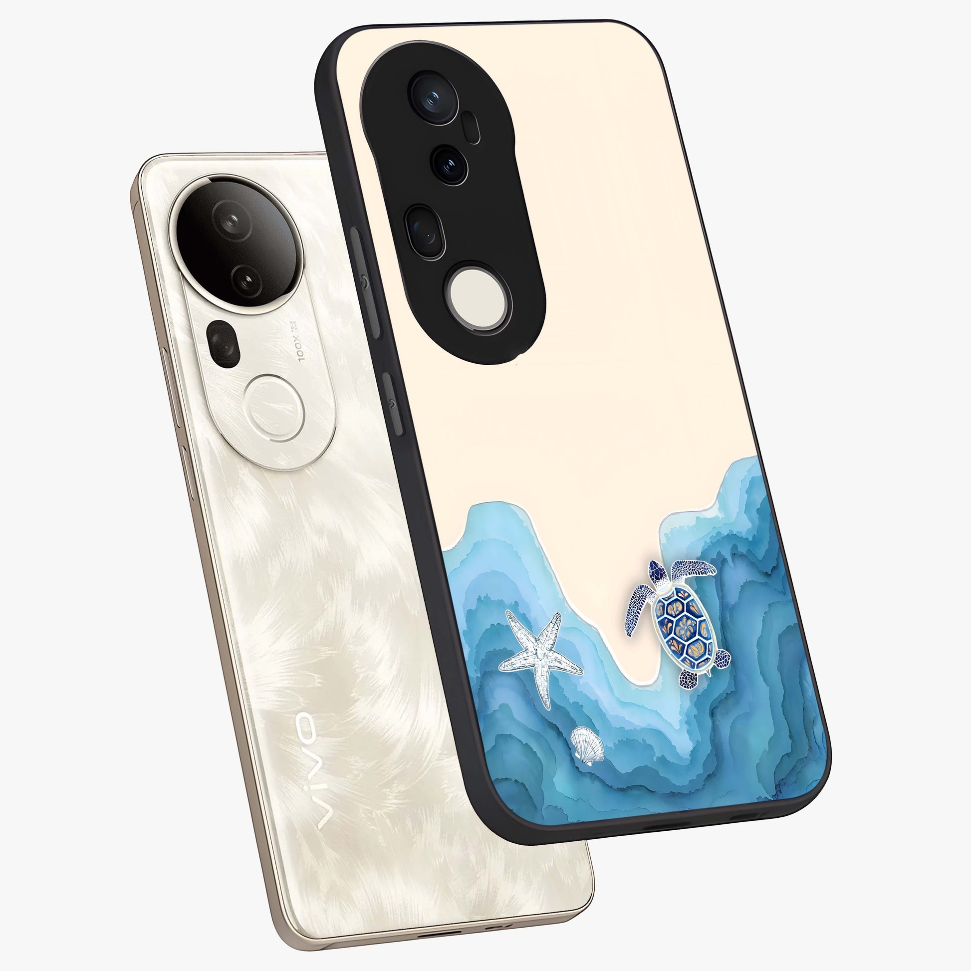 Ocean Drift Turtle Glass Case displayed in angled mockup highlighting peaceful ocean turtle illustration with marine aesthetic.