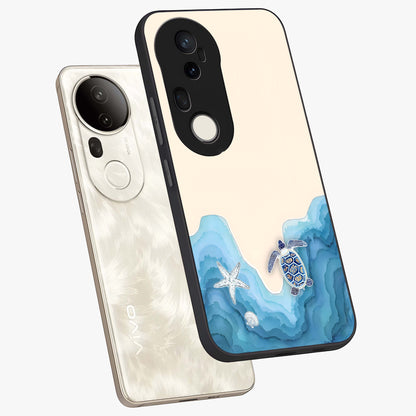 Ocean Drift Turtle Glass Case displayed in angled mockup highlighting peaceful ocean turtle illustration with marine aesthetic.