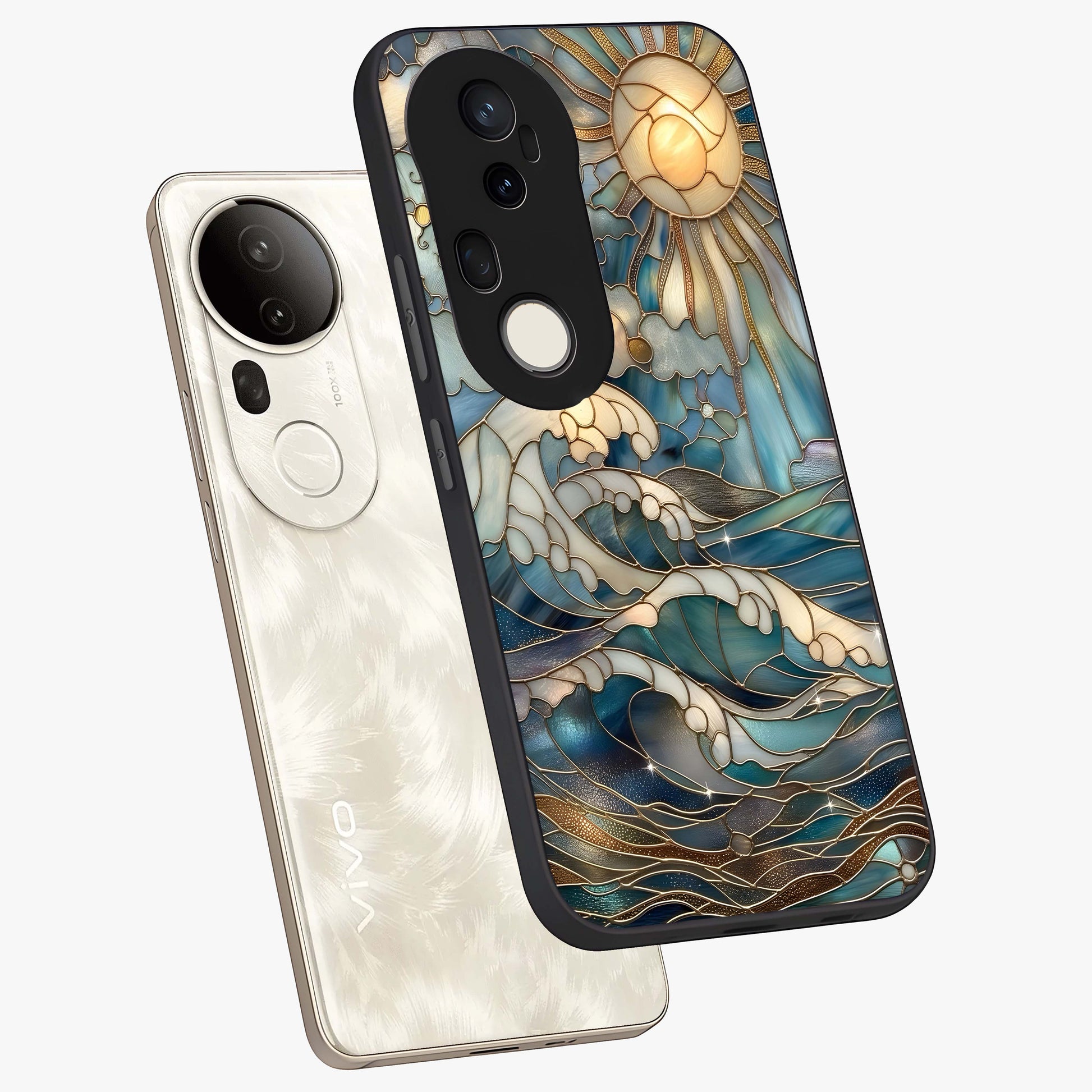 Oceanic Stained Printed Glass Case displayed in angled mockup highlighting colorful aquatic design with artistic aesthetic style.