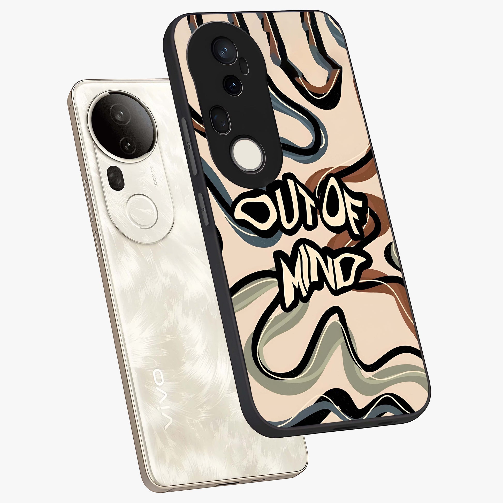 Out Of Mind Glass Case displayed in angled mockup highlighting bold statement design with modern artistic aesthetic.