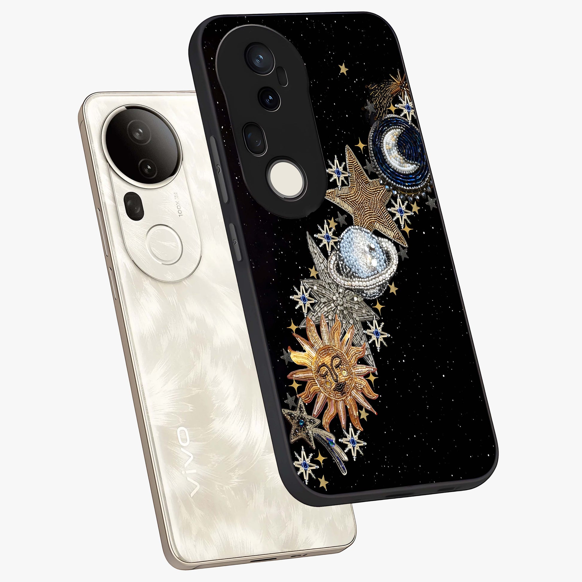 Pearls Universe Object Glass Case displayed in angled mockup highlighting celestial pearl design with dreamy aesthetic.