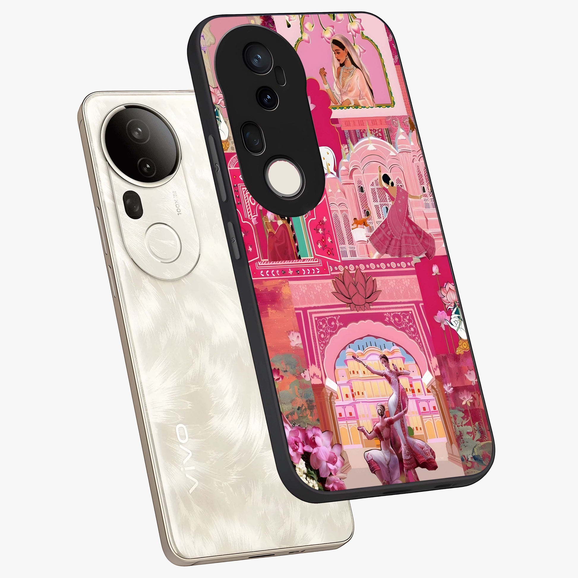 Pink Palace Muse Glass Case displayed in angled mockup highlighting dreamy palace illustration with soft pink aesthetic.
