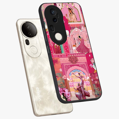 Pink Palace Muse Glass Case displayed in angled mockup highlighting dreamy palace illustration with soft pink aesthetic.