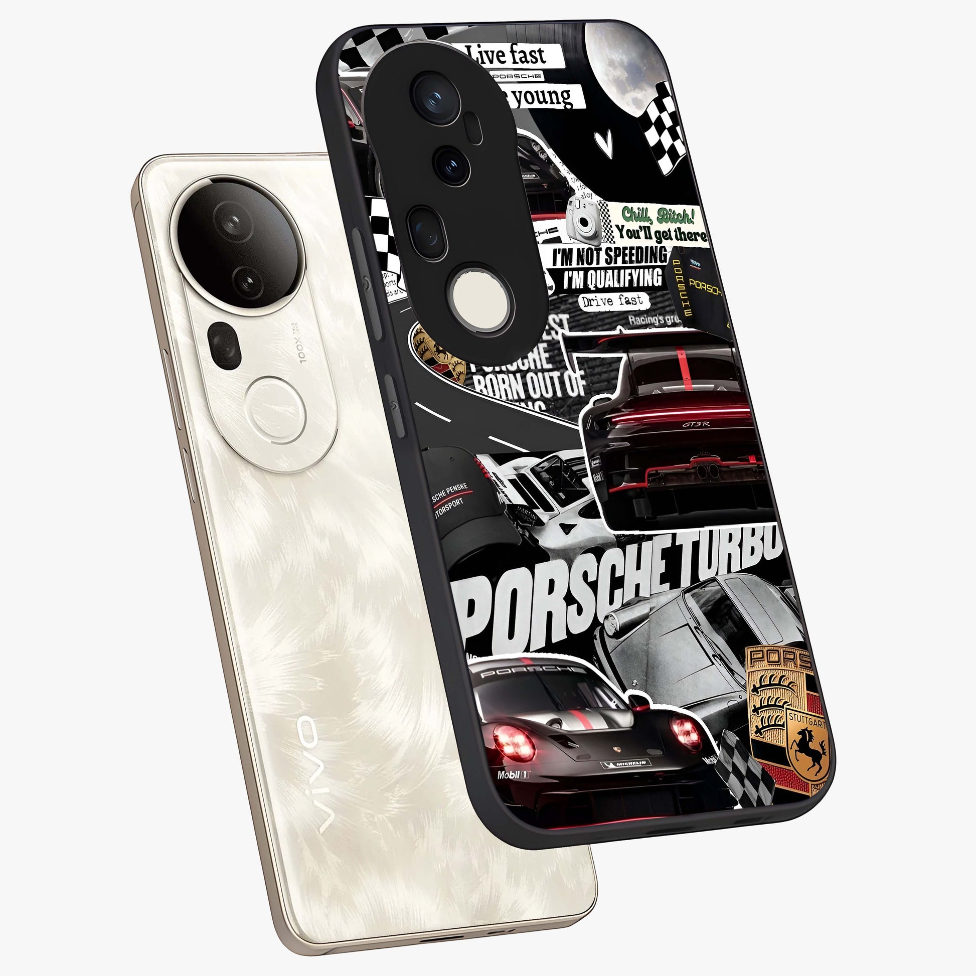 Porsche Racing Collage Glass Case displayed in angled mockup highlighting dynamic automotive design with bold racing aesthetic.