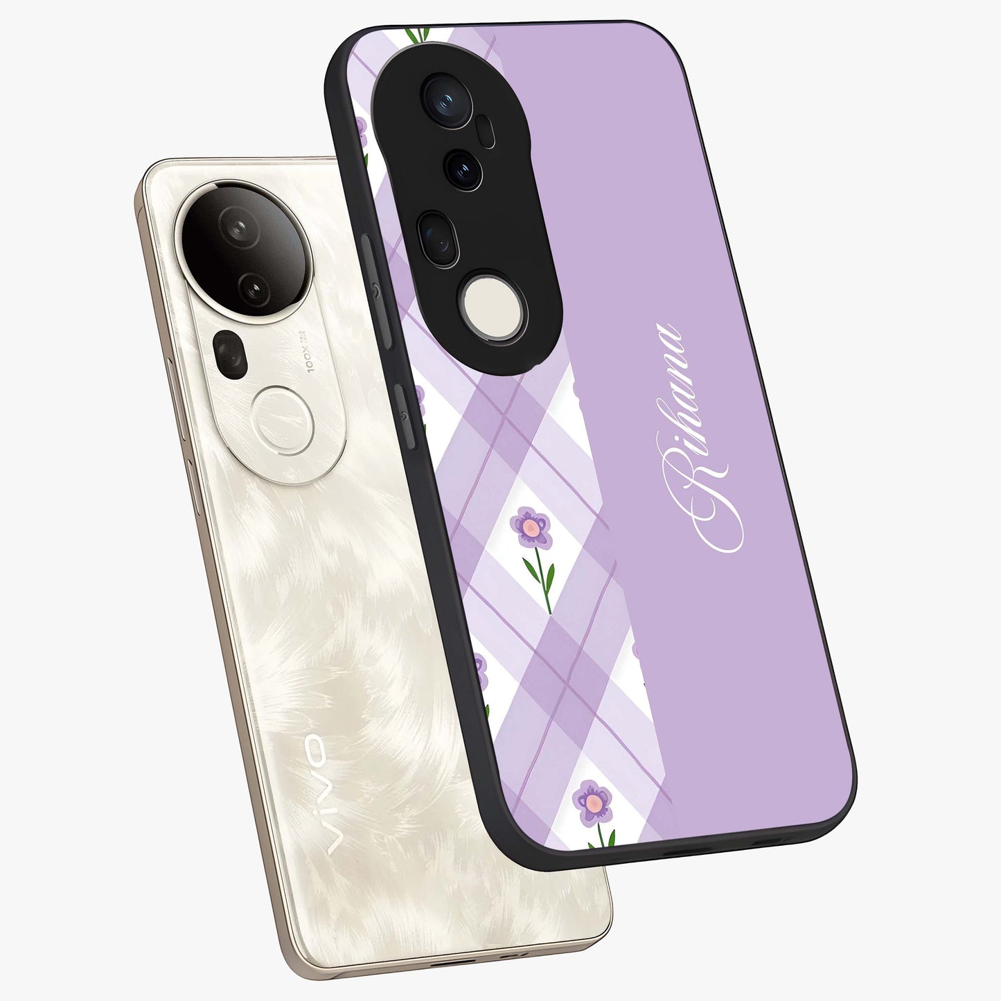 Purple Diamond Floral Glass Case displayed in angled mockup highlighting elegant purple flower design with decorative pattern.