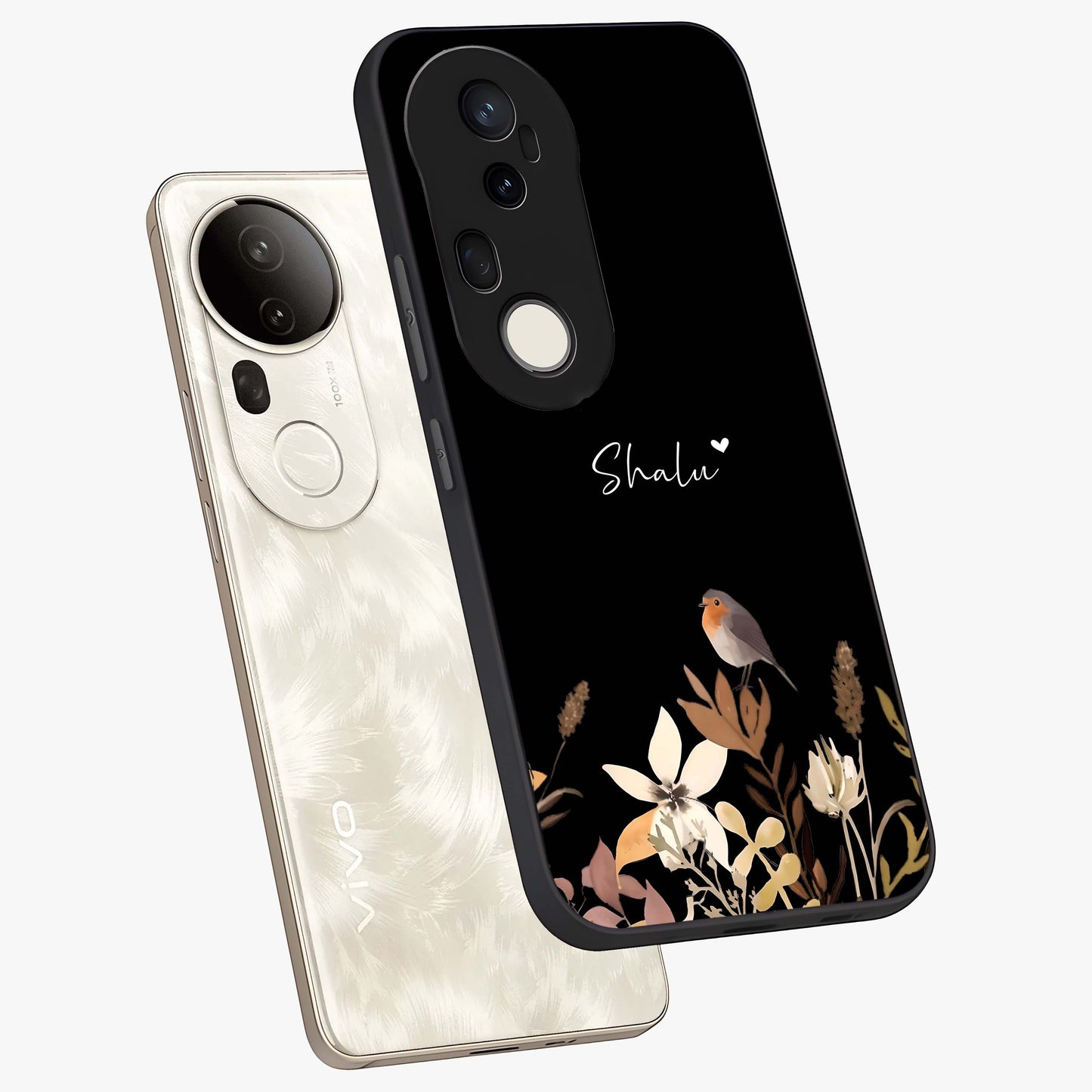 Quiet Garden Tune Custom Name Glass Case displayed in angled mockup highlighting delicate floral garden design with custom name feature.