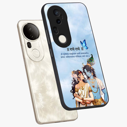 Radha Krishna Eternal Glass Case displayed in angled mockup highlighting divine Radha Krishna illustration with spiritual aesthetic.