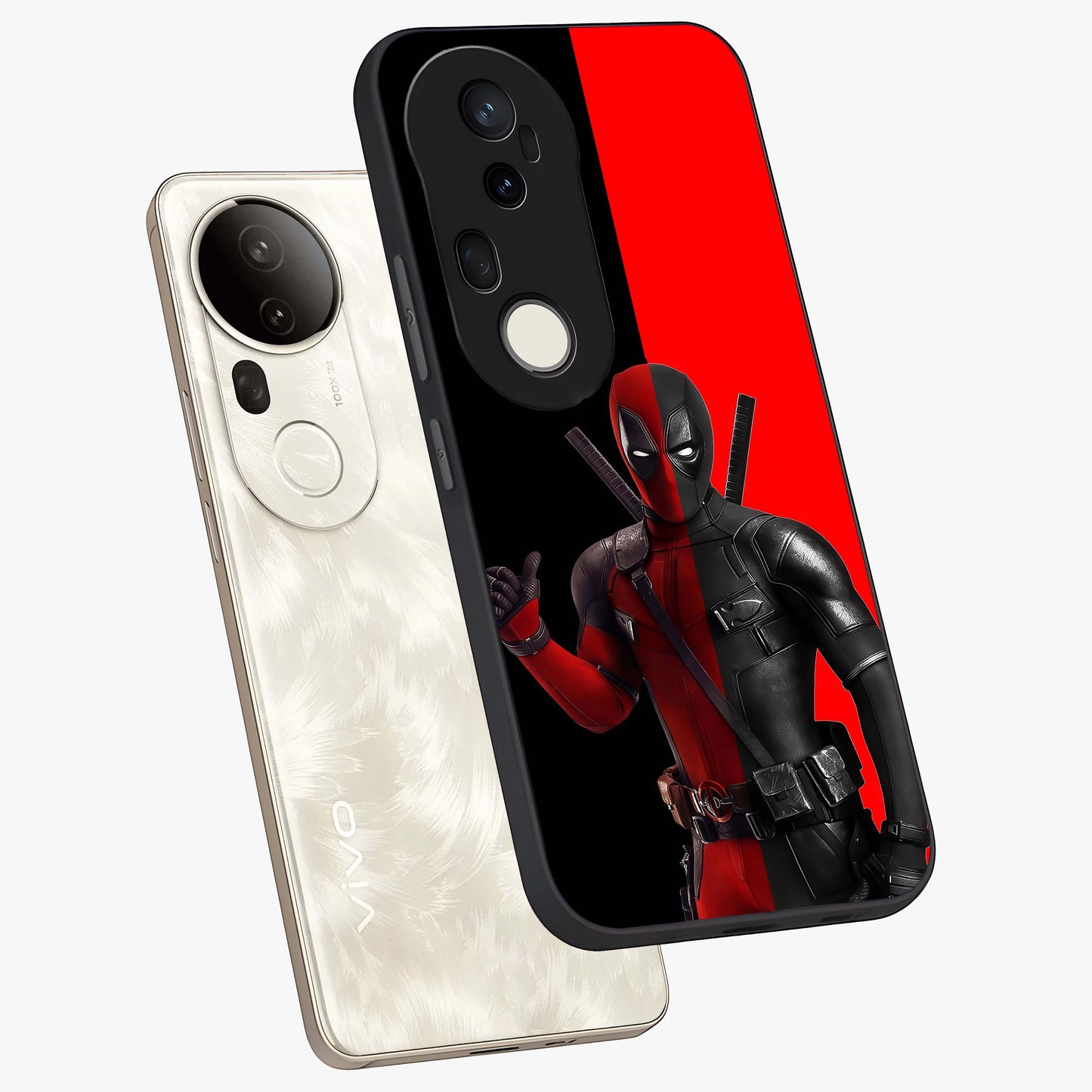 Red & Black Deadpool Theme Glass Case displayed in angled mockup highlighting vibrant superhero style illustration with action aesthetic.
