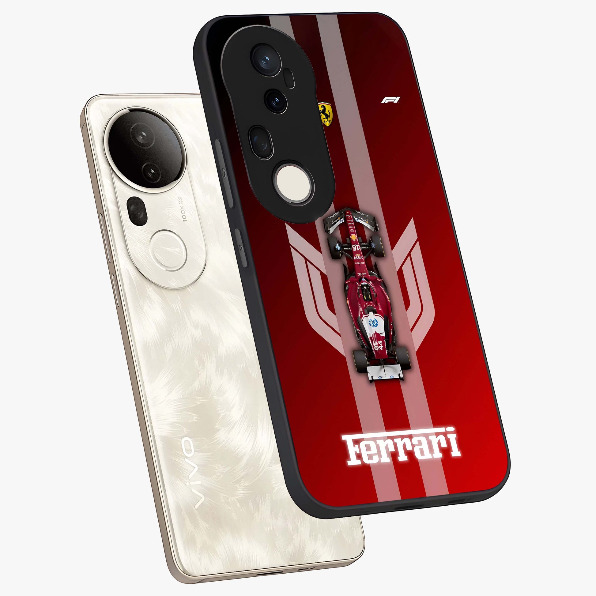 Red Ferrari F1 Vertical Glass Case displayed in angled mockup highlighting high speed racing design with bold automotive aesthetic.