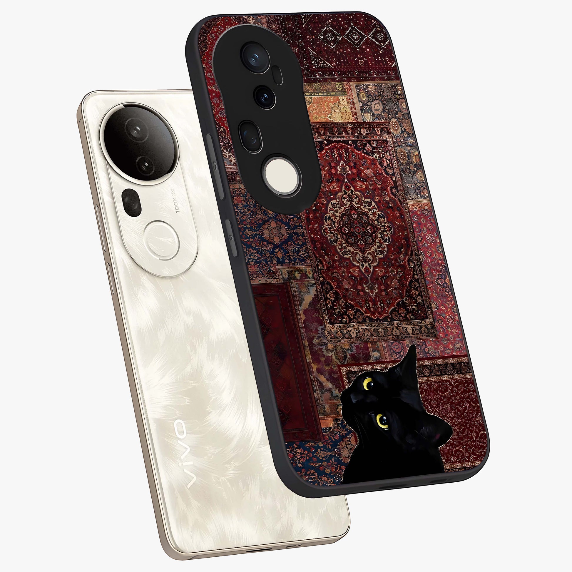 Regal Magic Cat Apple Glass Case displayed in angled mockup highlighting whimsical feline design with fantasy aesthetic.