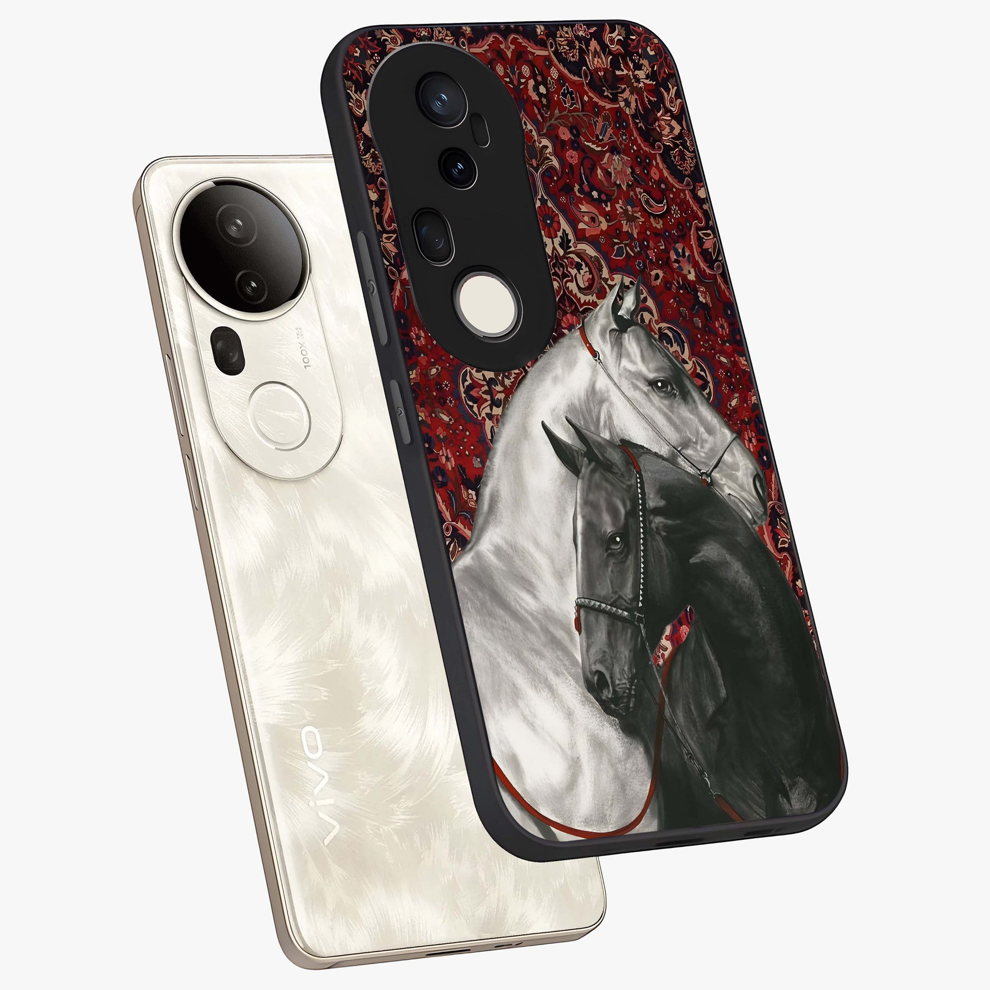 Regal Stallion Tapestry Glass Case displayed in angled mockup highlighting royal stallion design with decorative heritage aesthetic.