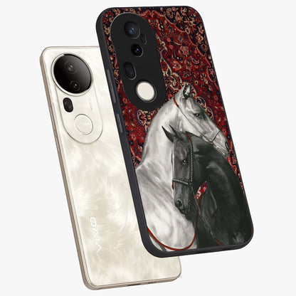 Regal Stallion Tapestry Glass Case displayed in angled mockup highlighting royal stallion design with decorative heritage aesthetic.