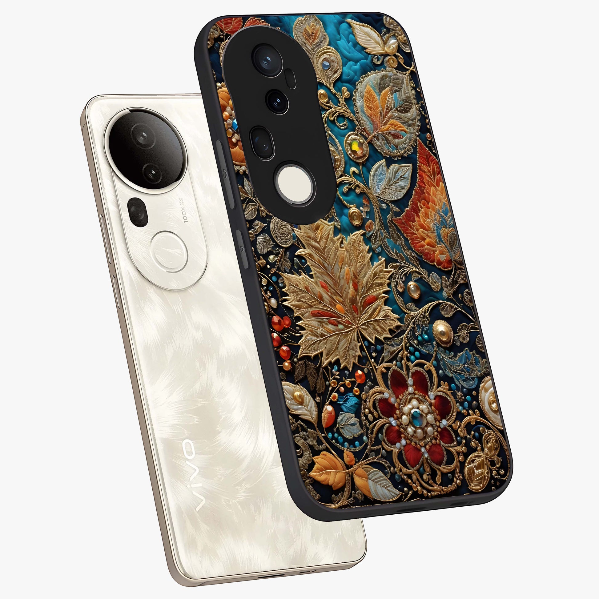 Royal Jewel Garden Glass Case displayed in angled mockup highlighting vibrant jewel inspired floral design with elegant aesthetic.