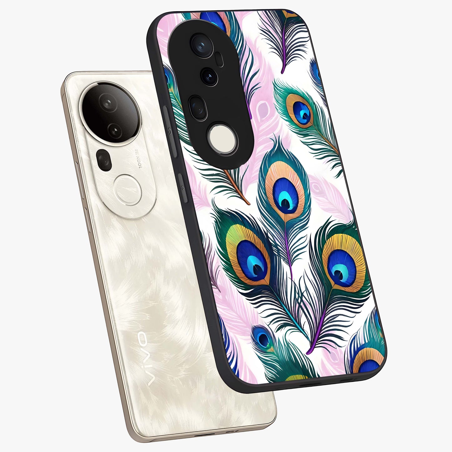 Royal Peacock Feathers Glass Case displayed in angled mockup highlighting vibrant feather pattern with regal aesthetic style.
