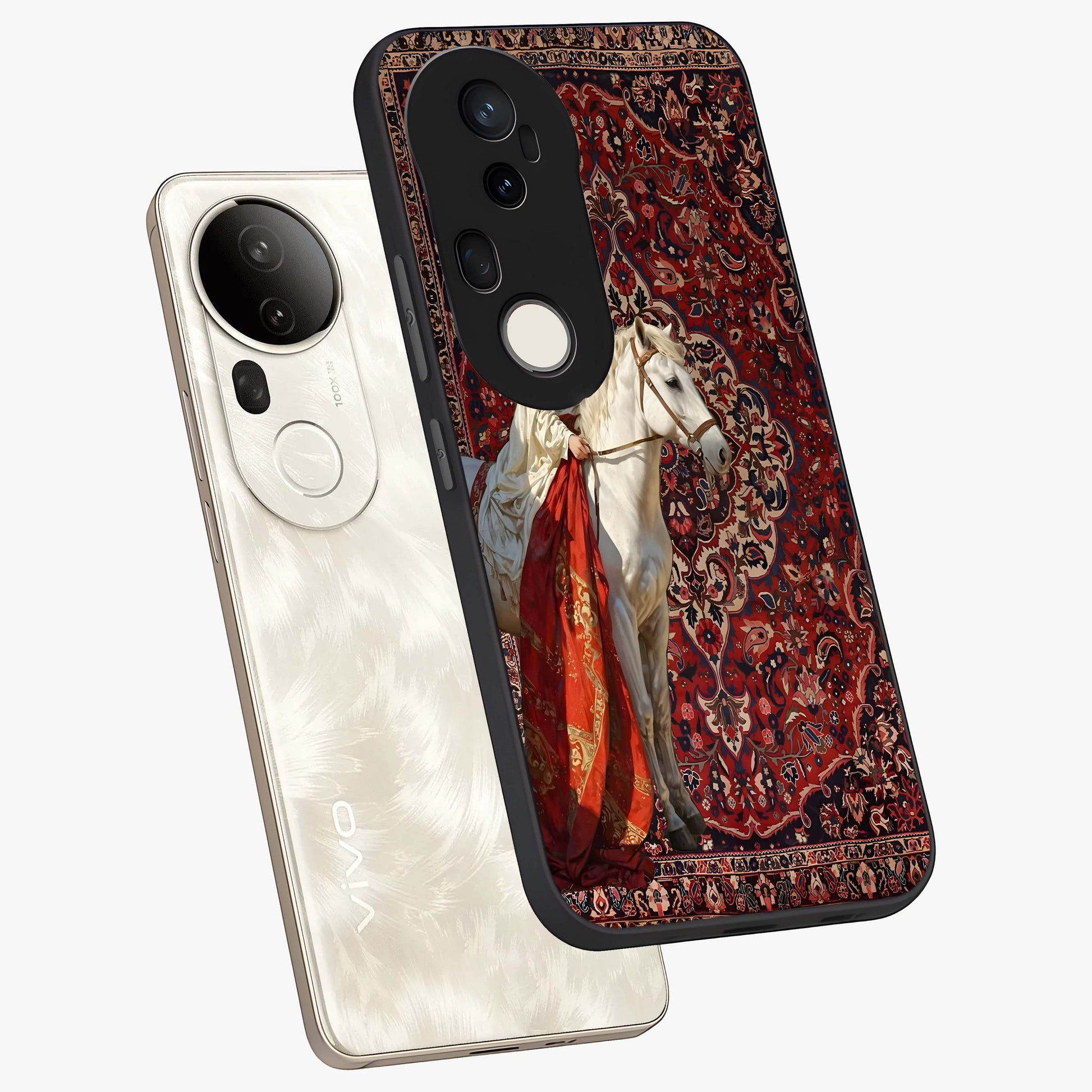 Royal Rider Tapestry Glass Case displayed in angled mockup highlighting traditional tapestry design with royal heritage aesthetic.