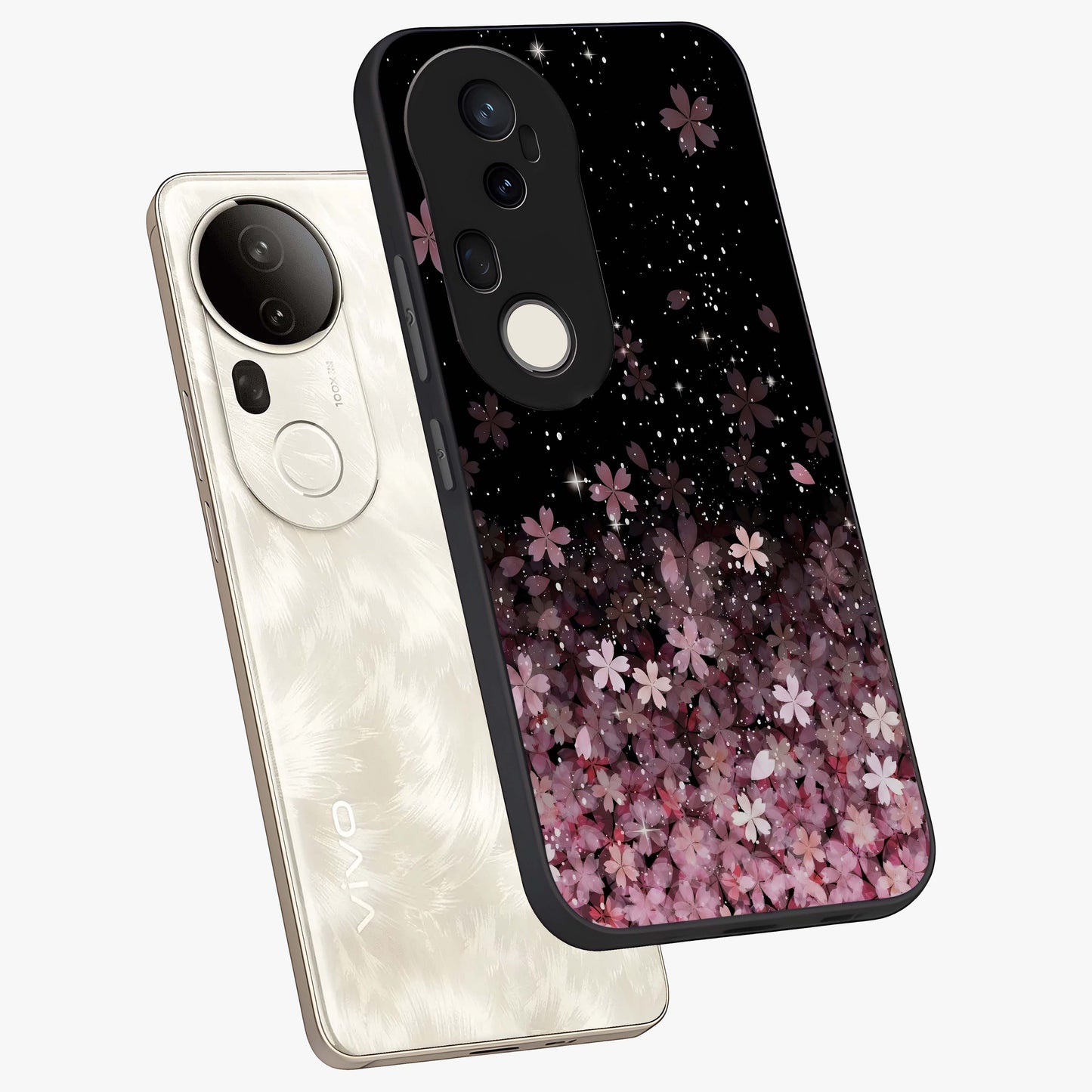 Small Starry Flowers Glass Case displayed in angled mockup highlighting tiny flower pattern with celestial aesthetic style.