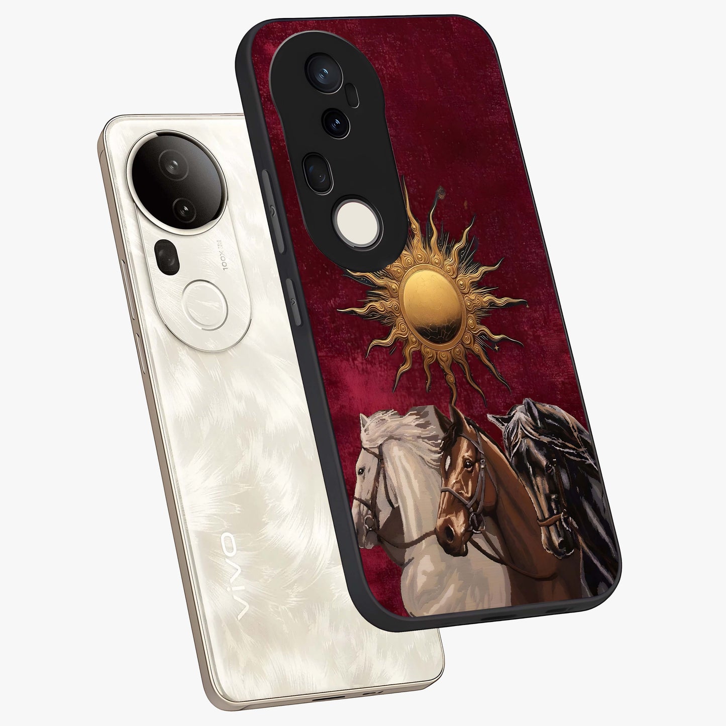 Solar Riders Glass Case displayed in angled mockup highlighting powerful rider illustration with radiant solar aesthetic.