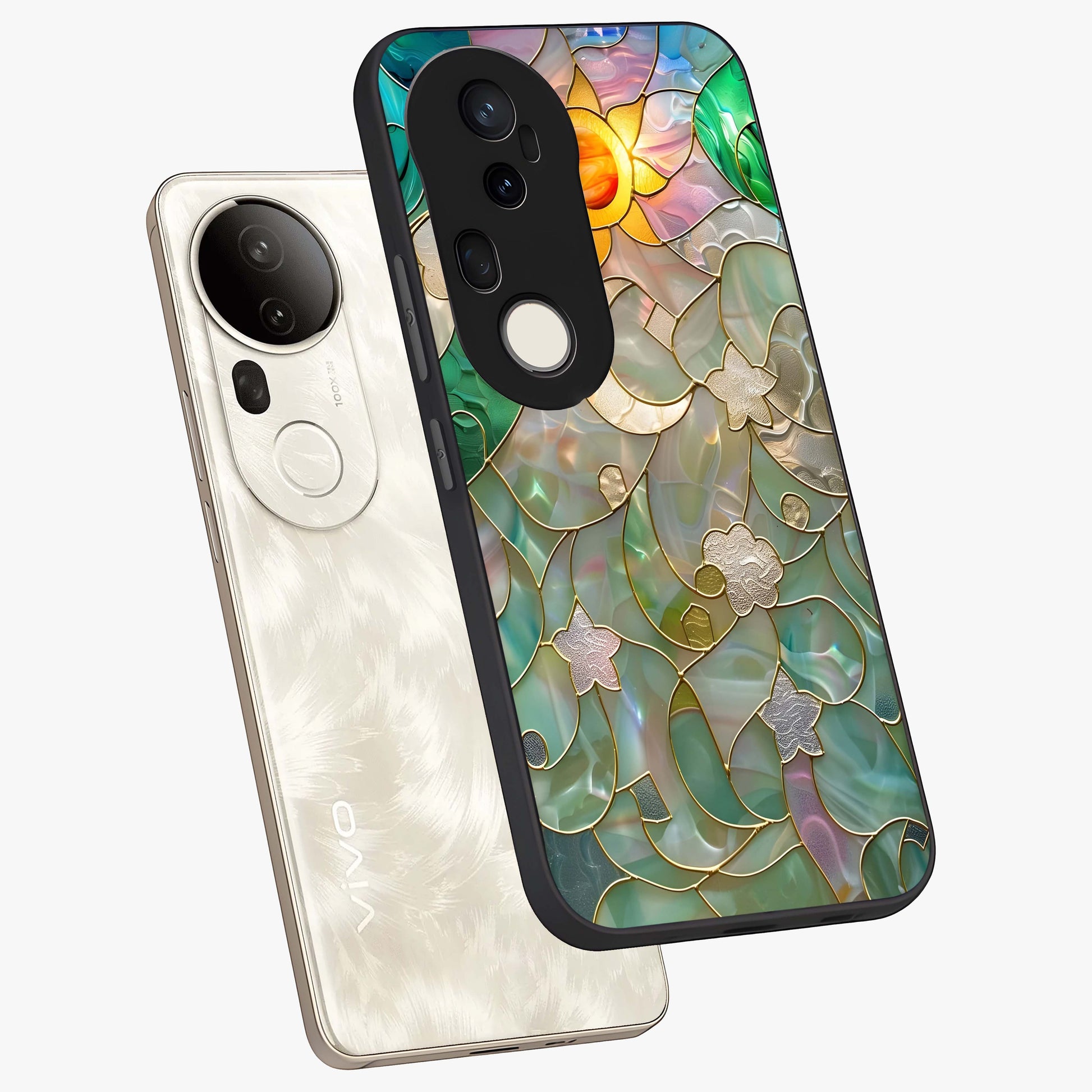 Stained Sunrise Glow Glass Case displayed in angled mockup highlighting radiant sunrise design with artistic aesthetic style.
