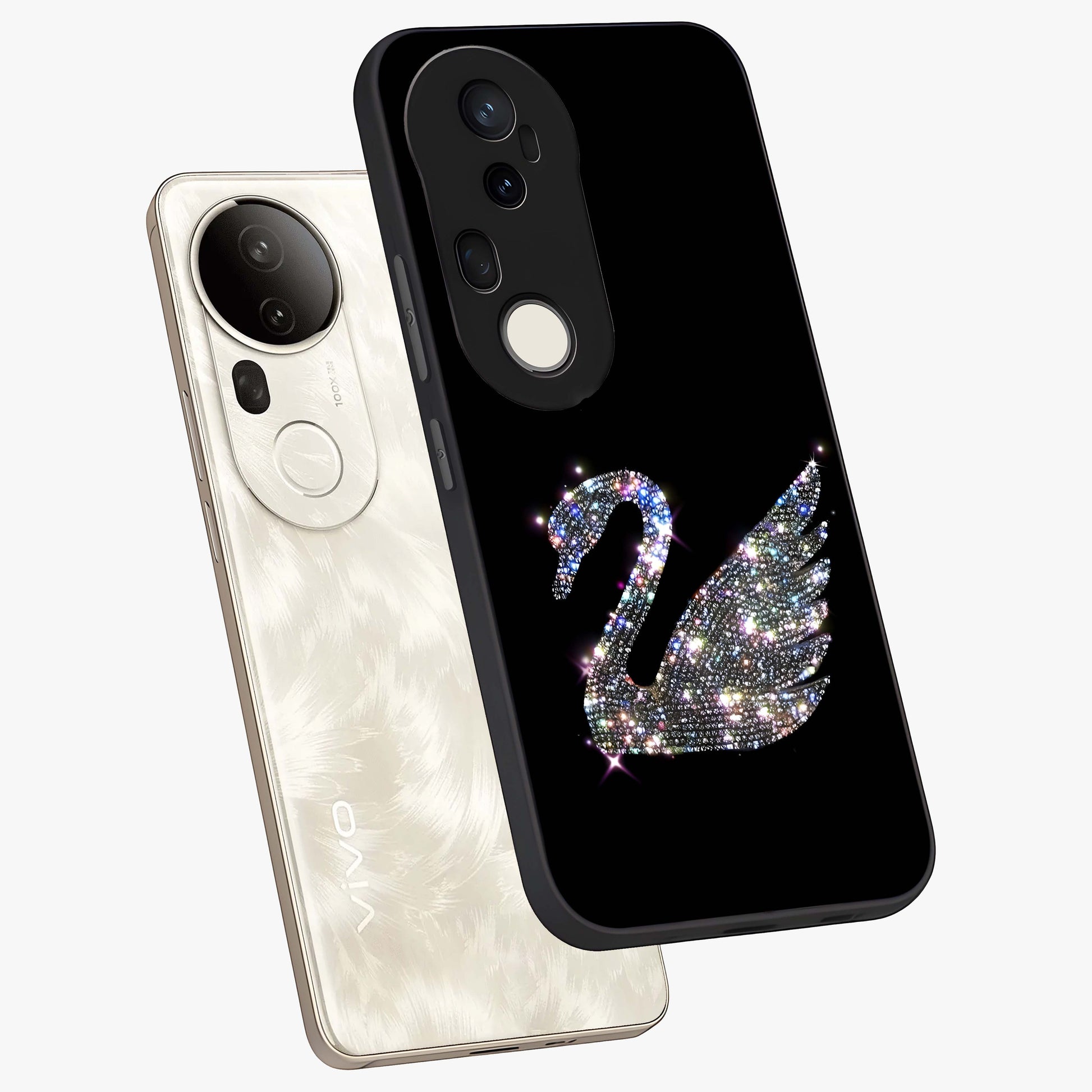 Starlit Swan Grace Glass Case displayed in angled mockup highlighting elegant swan illustration with dreamy celestial aesthetic.