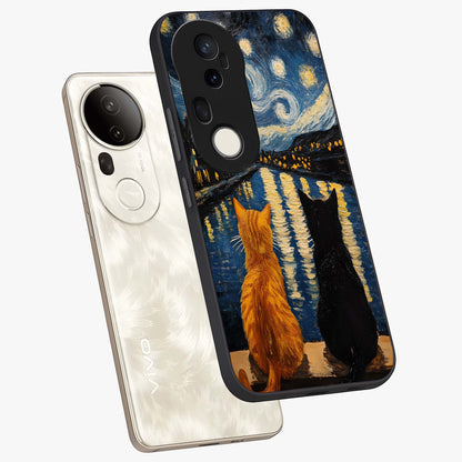 Starry River Cats Glass Case displayed in angled mockup highlighting charming feline illustration with dreamy night aesthetic.