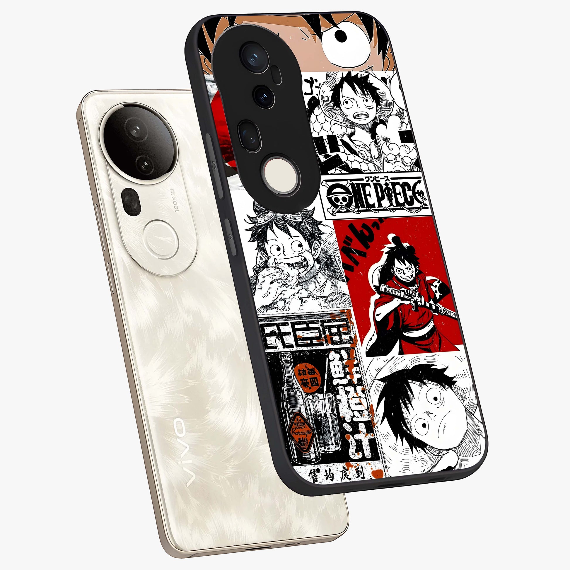 Strawhat Chaos Panels Glass Case displayed in angled mockup highlighting vibrant anime collage design with action aesthetic.