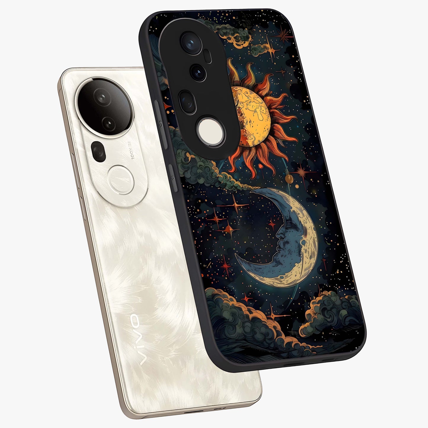 Sun And Moon Magic Design Glass Case displayed in angled mockup highlighting celestial design with magical cosmic aesthetic.