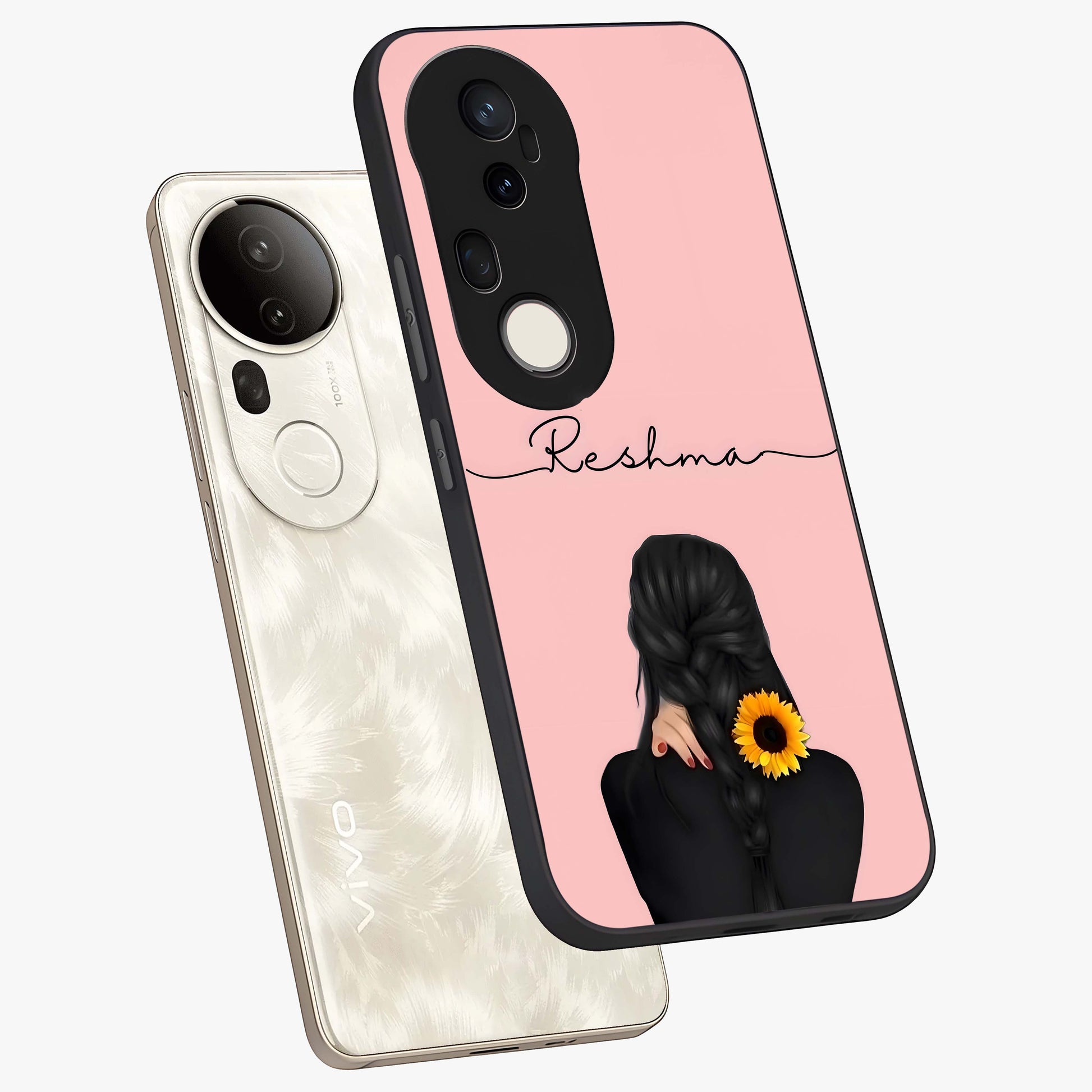 Sunflower Braid Beauty With Custom Name Glass Case displayed in angled mockup highlighting elegant sunflower design with custom name feature.