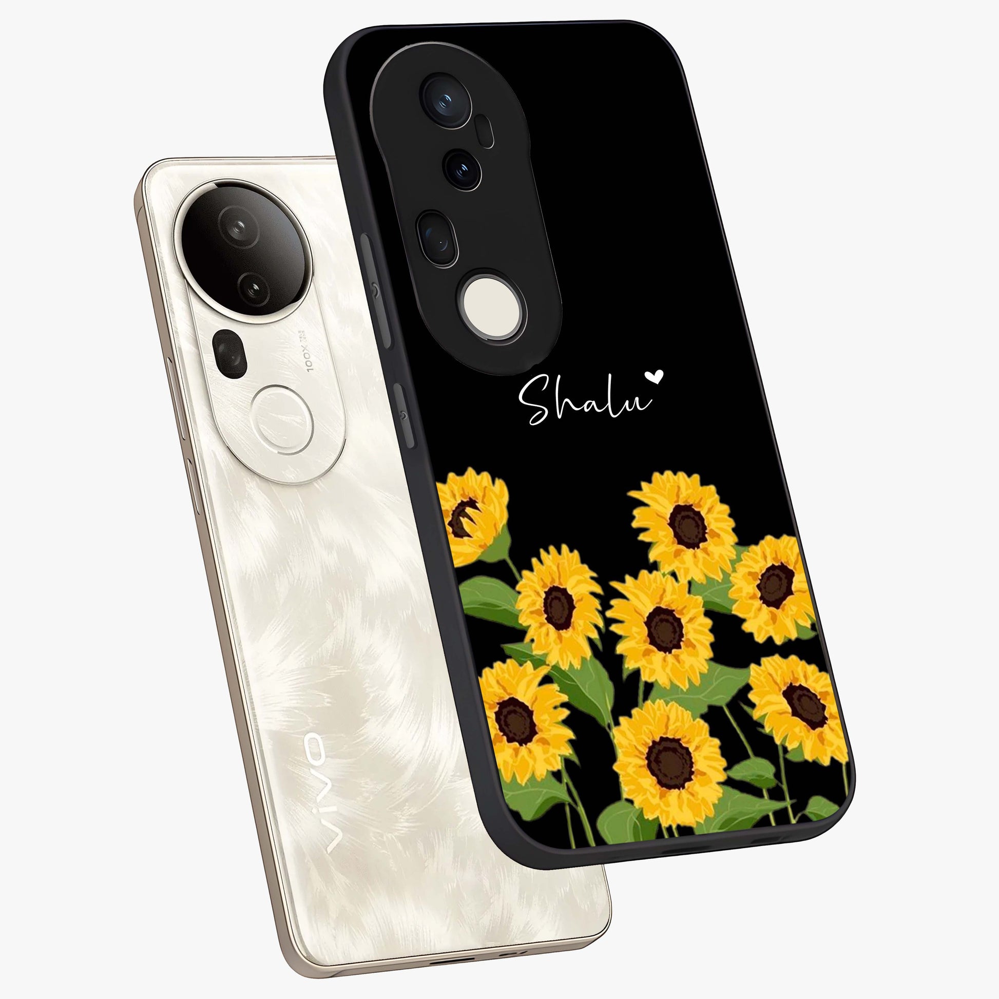 Sunflower Chic Mood Custom Name Glass Case displayed in angled mockup highlighting vibrant sunflower design with custom name feature.